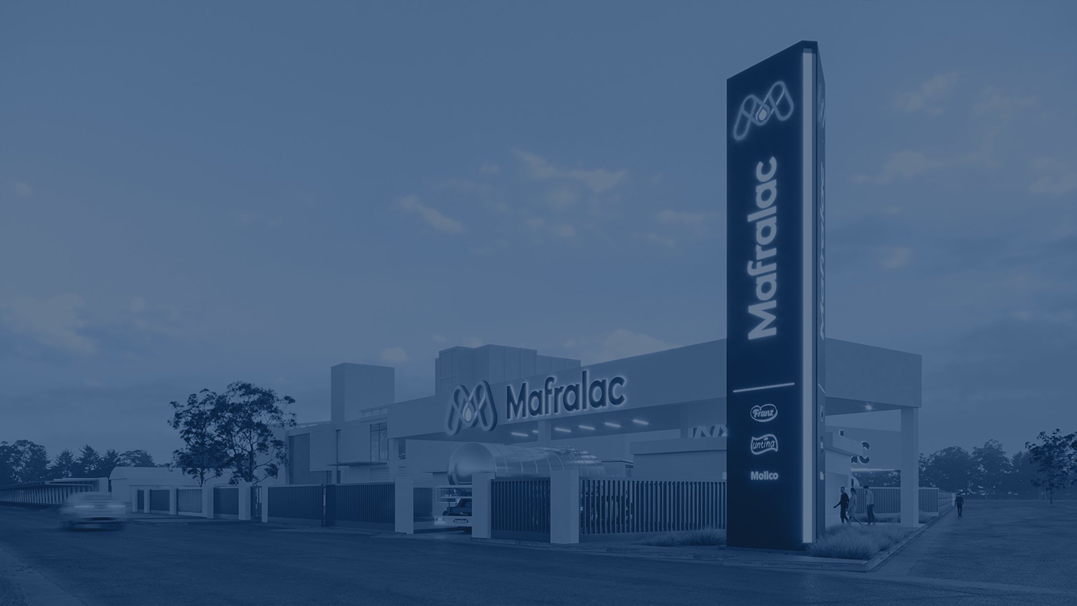Blue-tinted image of a modern industrial building with "Mafralac" signage. Tall vertical sign and trees in background, conveying a corporate tone.