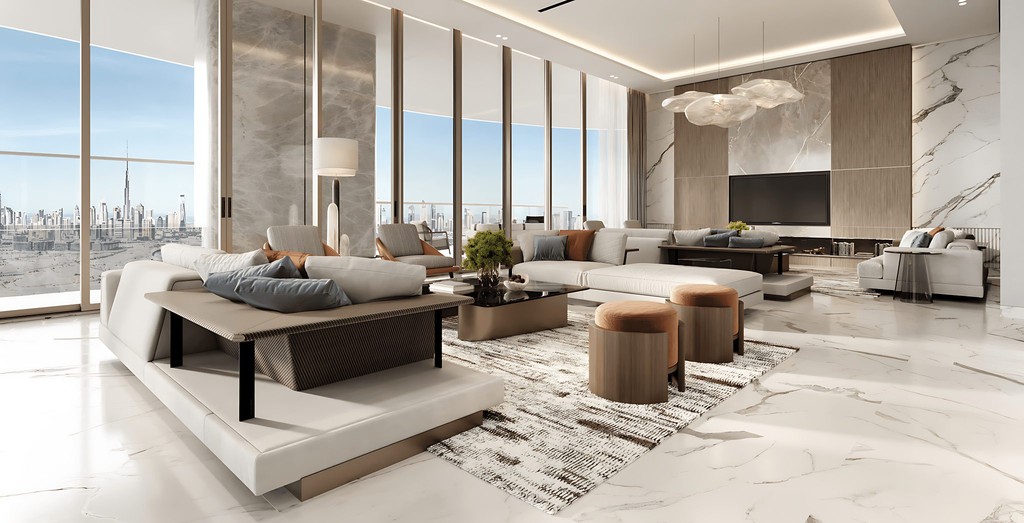 Modern apartment living room and kitchen area at Mansory Residences, featuring sleek furniture and open layout.