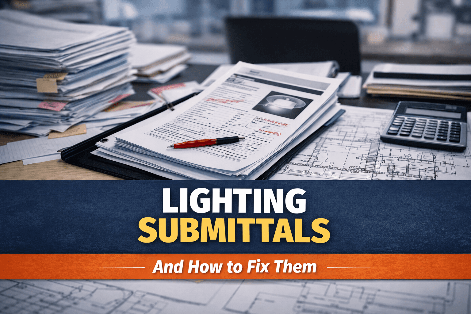 Building plans with a clip board and test talking about lighting submittals.