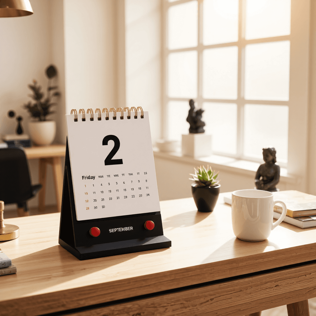 product photography of a desk calendar with a flip mechanism for displaying the date and day of the week