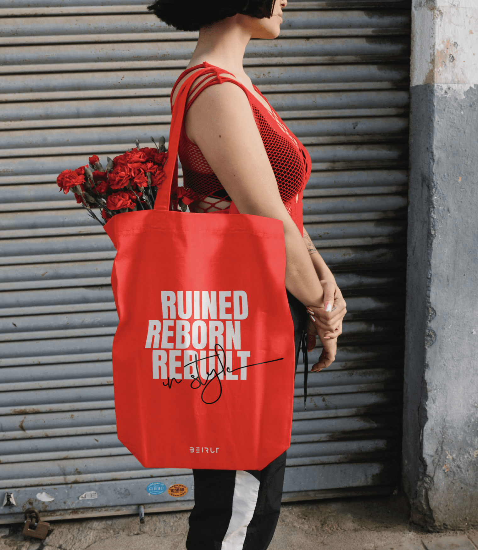 beirut bag rooted in Lebanon's resilient history with a tagline Ruined Reborn Rebuilt