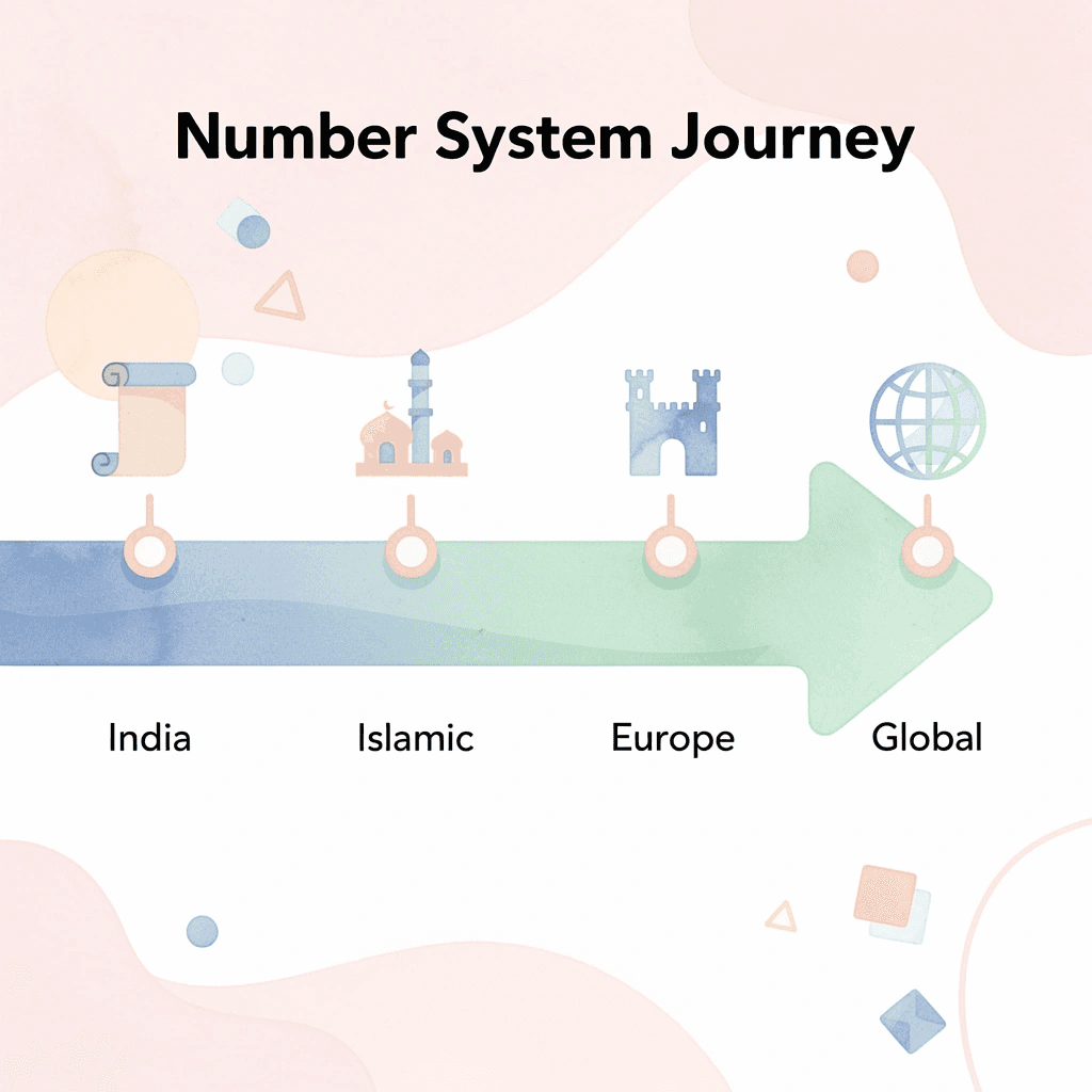 Timeline showing the journey of Arabic numerals from India through the Islamic world to Europe