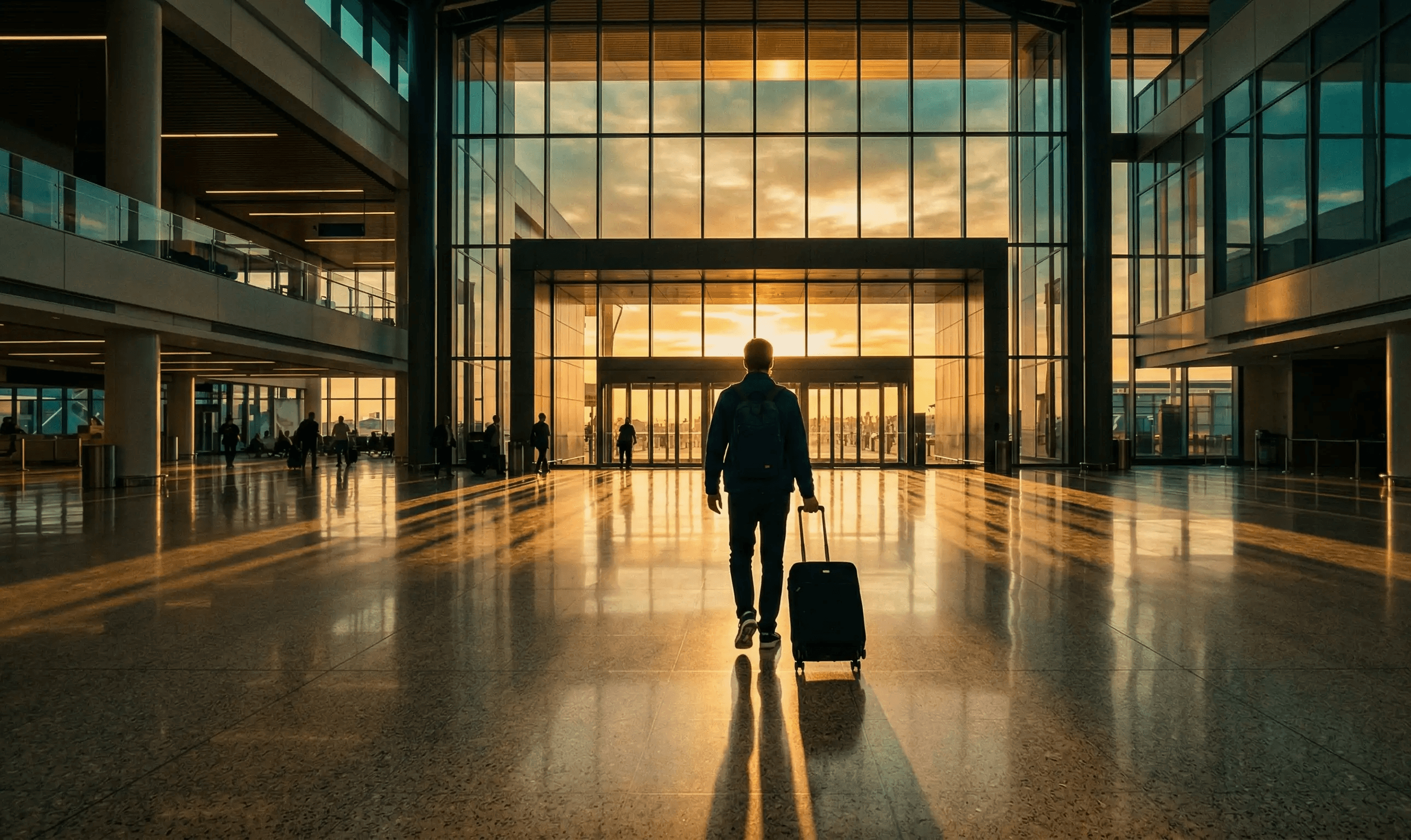 A photo of a man walking out from an airport with a suitcase at sunset.