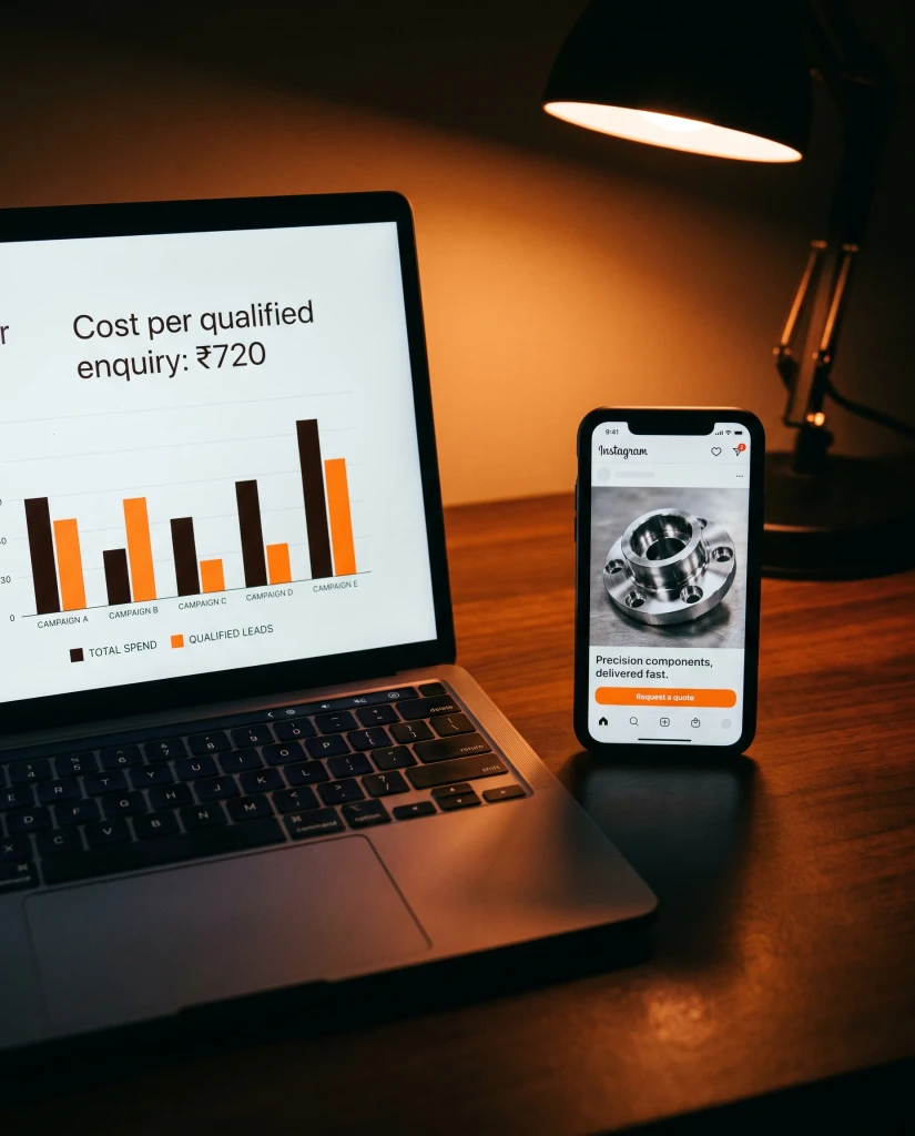 An ads dashboard showing cost per qualified enquiry, beside a sponsored post on a phone