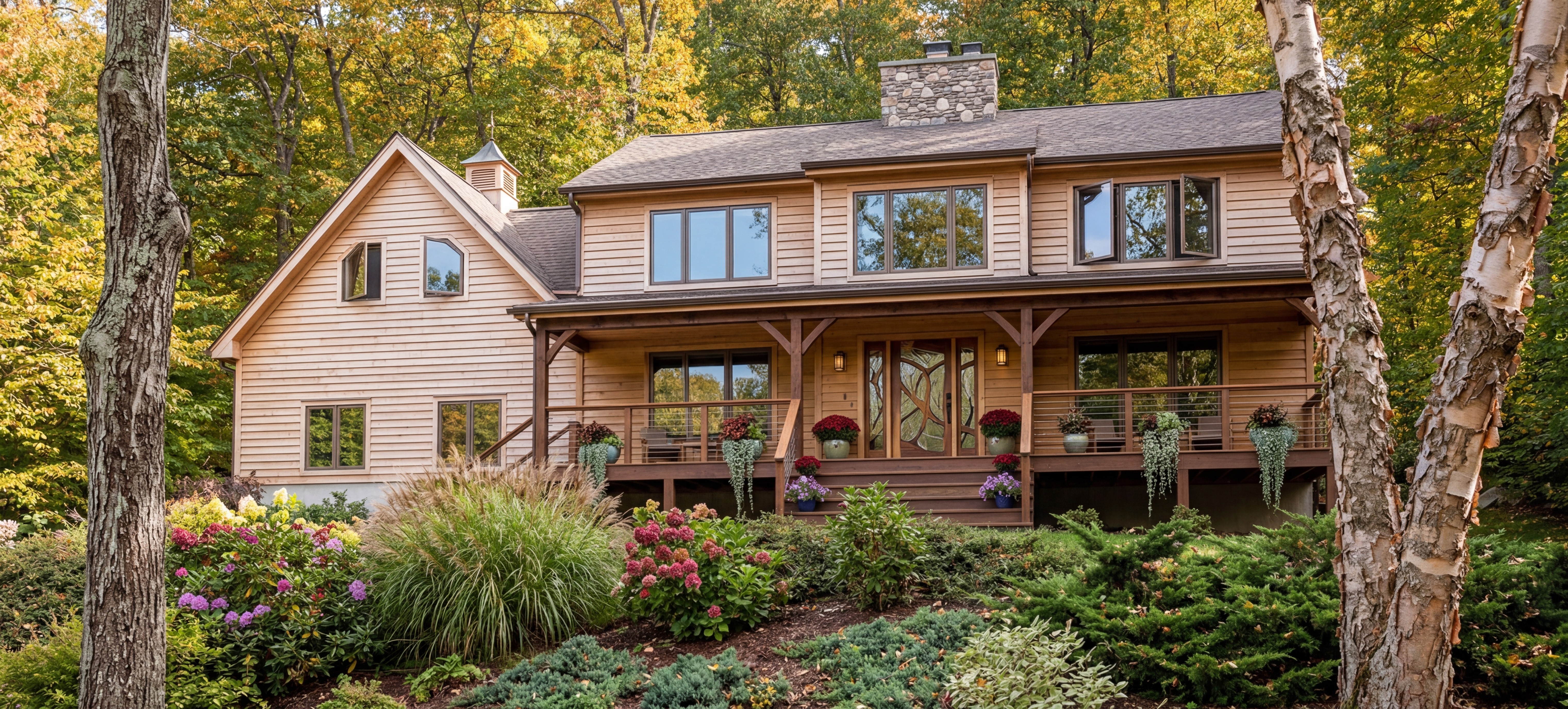Cabin style home with lush nature around it.