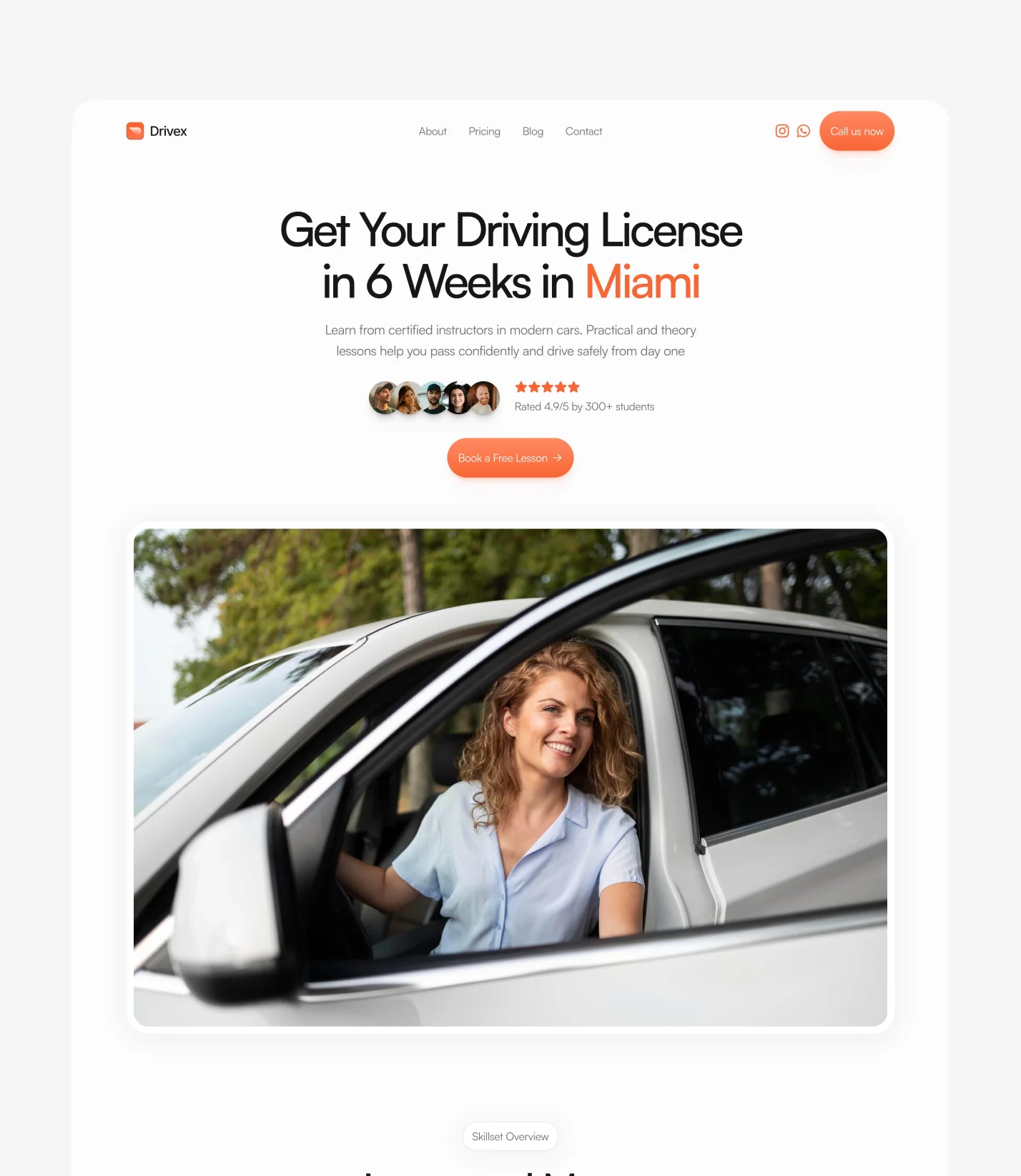 Driving school website template homepage preview optimized for sign ups