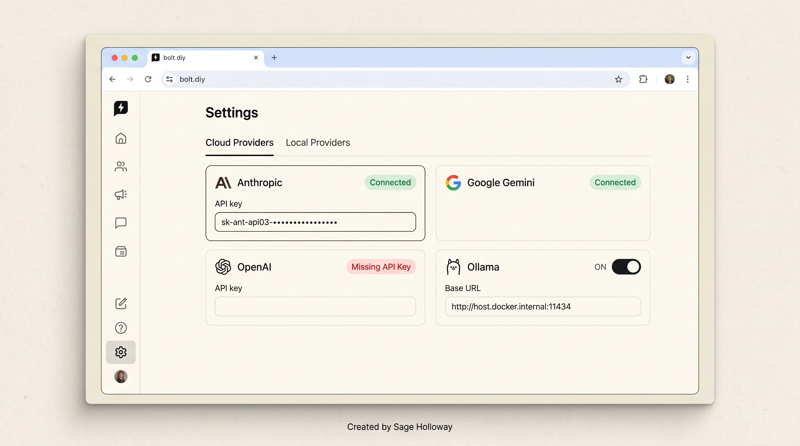 Teaching reconstruction of bolt.diy Settings panel showing Cloud and Local provider cards with API key status indicators