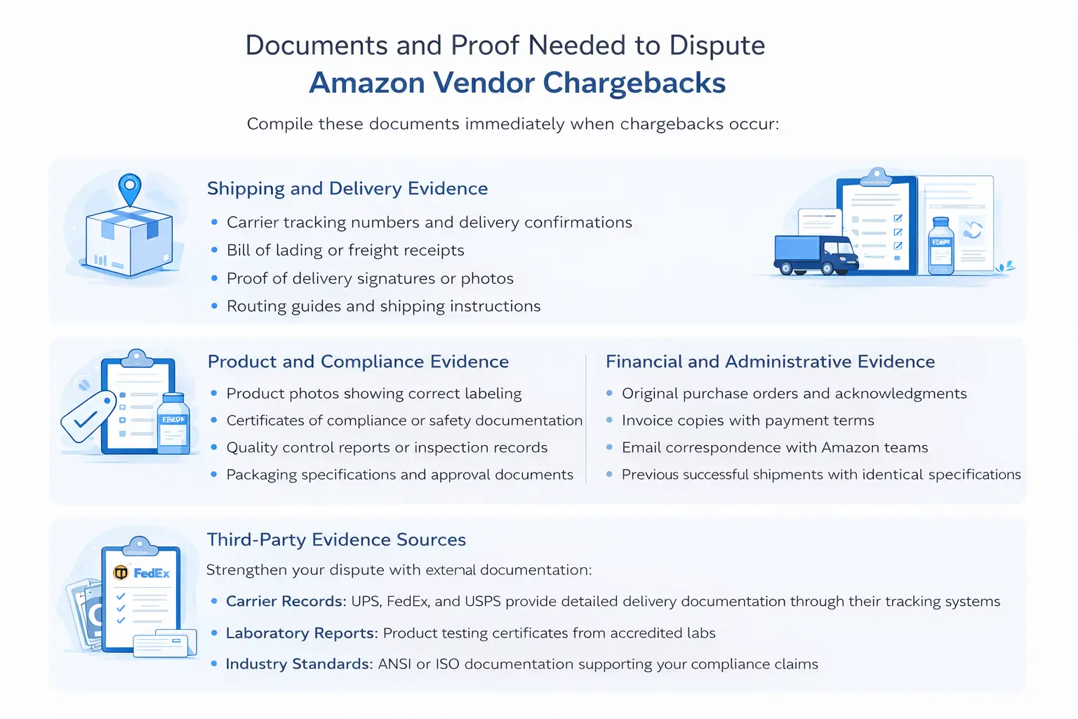 Infographic showing types of evidence needed for Amazon chargeback disputes