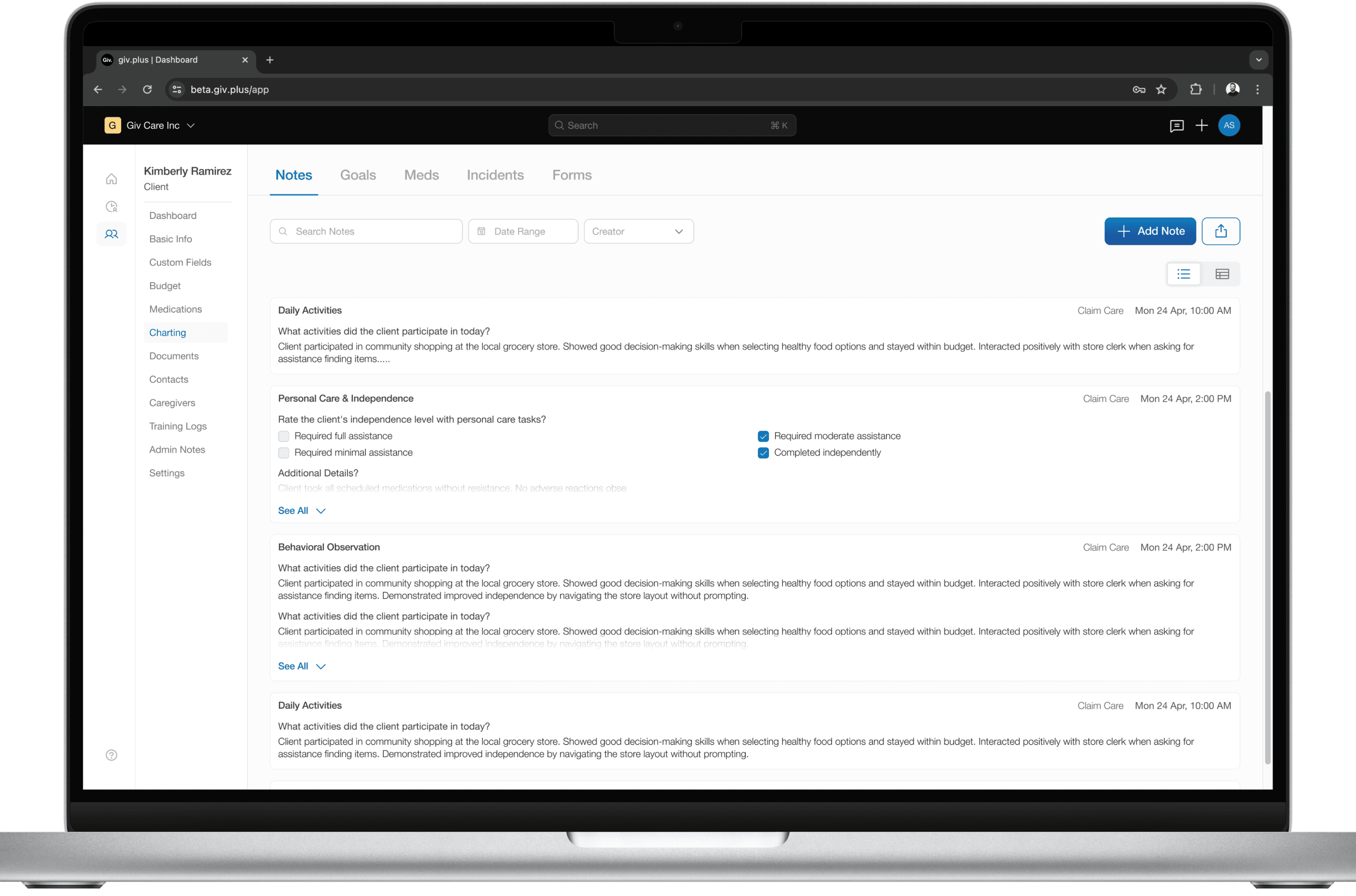 Desktop charting for client notes.