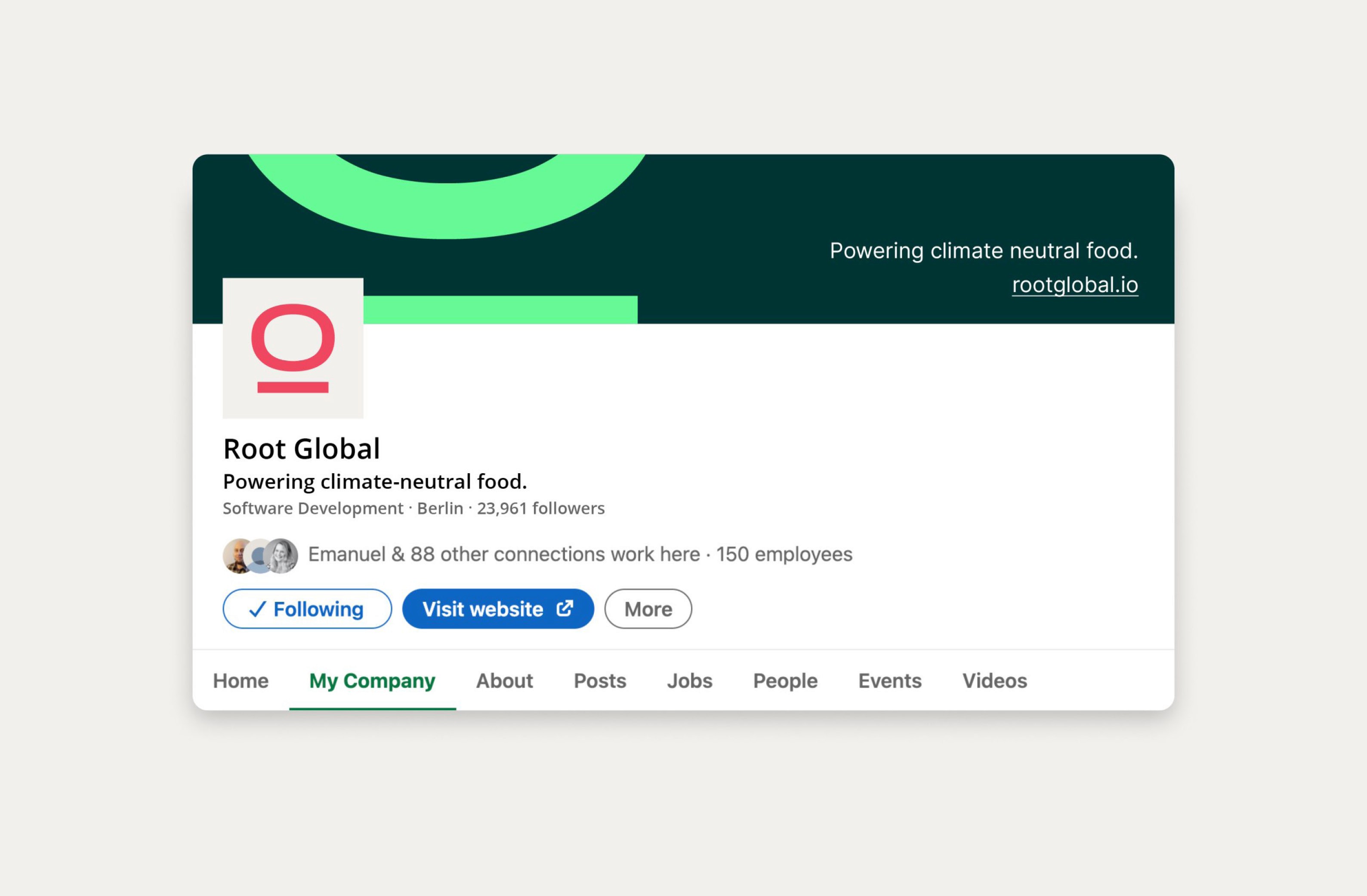 Root Global company Linkedin profile promoting climate-neutral food in Berlin.