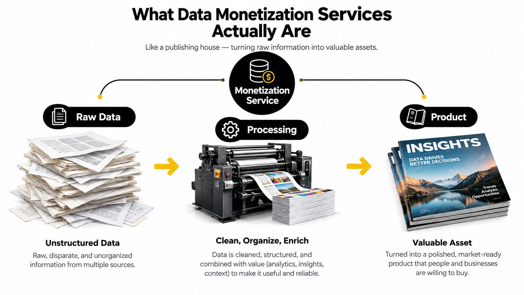 A diagram illustrating data monetization services, transforming raw, unstructured information into valuable, market-ready insights and products.