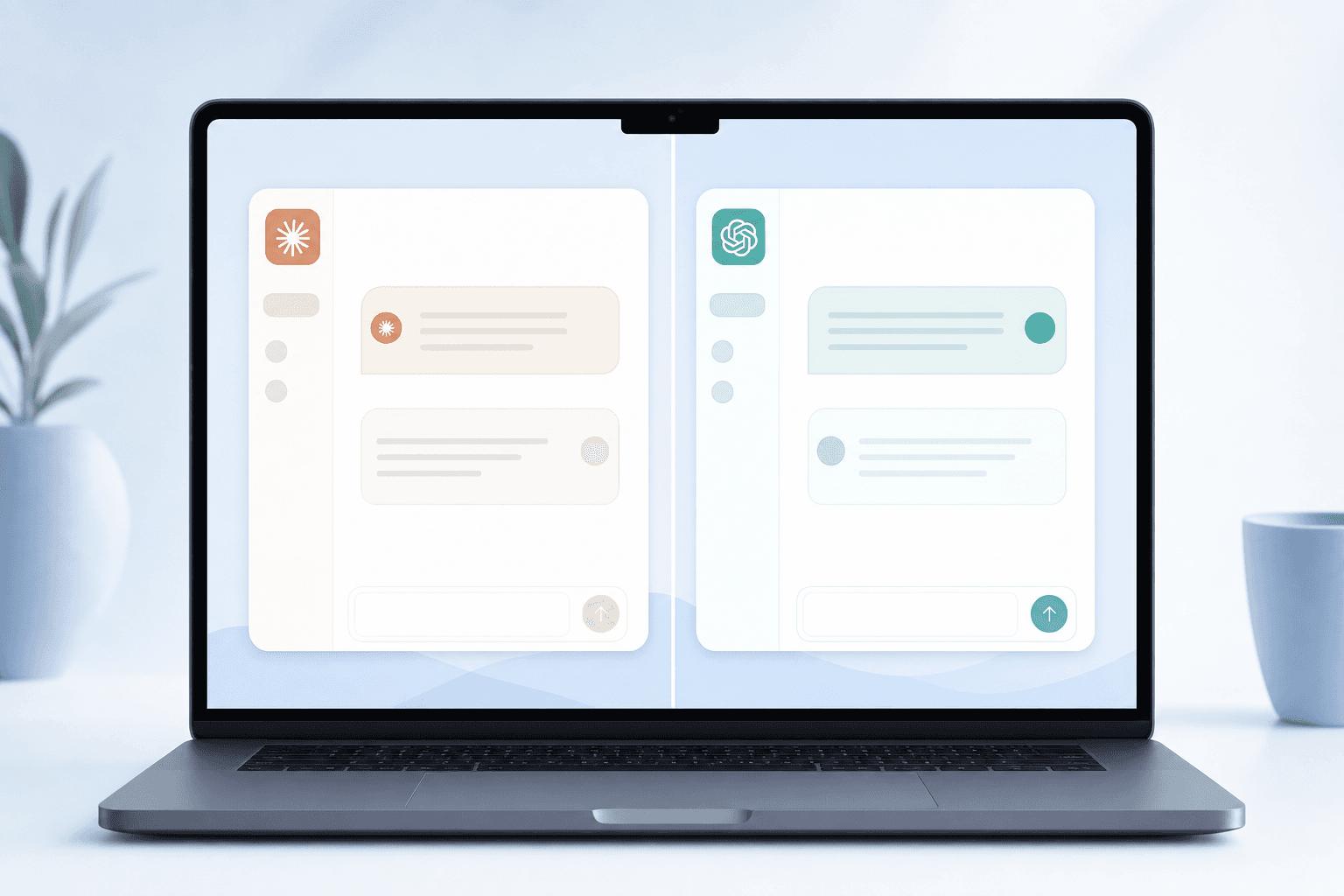 A clean, modern illustration of a split-screen comparison between Claude and ChatGPT interfaces on a laptop screen, with two AI chat bubbles side by side. Soft blue and white color palette, minimal and editorial style, professional and tech-focused.