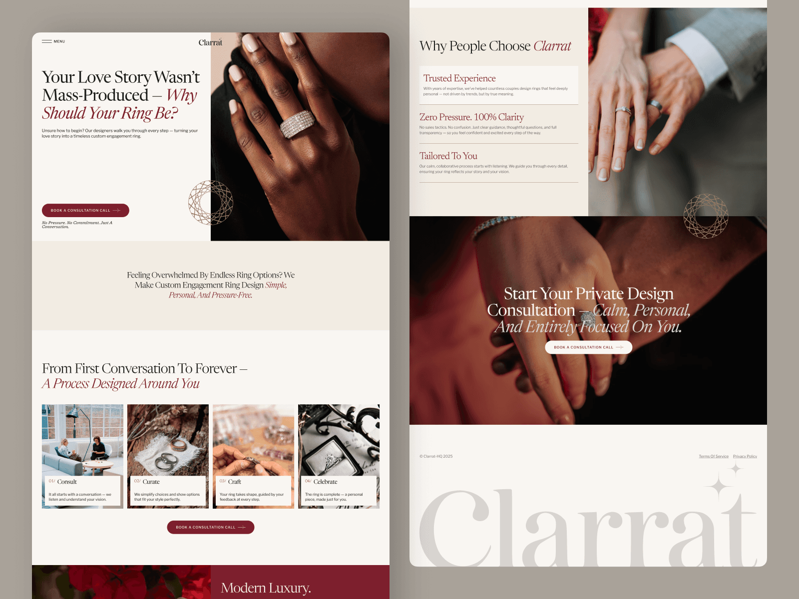 Clarrat framer website design preview shots