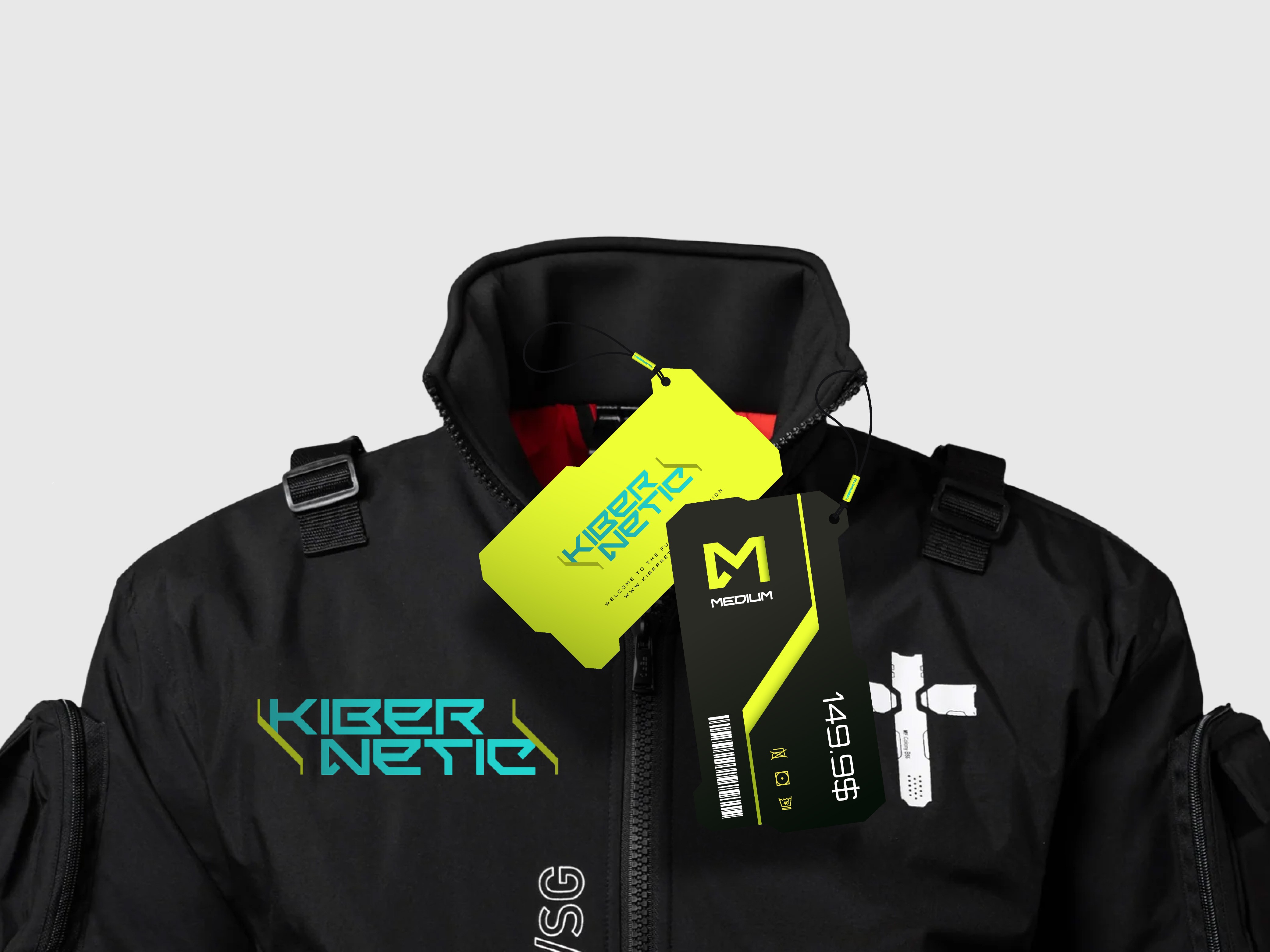 kibernetic clothing hang tag design mockup over a black bomb jacket