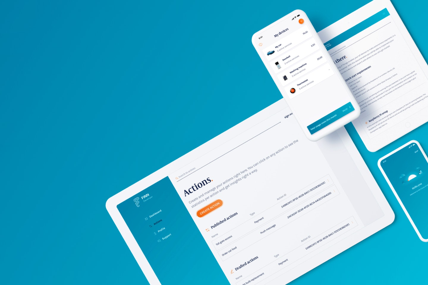 FINN — IoT payment platform UI shown across tablet, smartphone and web browser on a teal background — Soda Studio case study