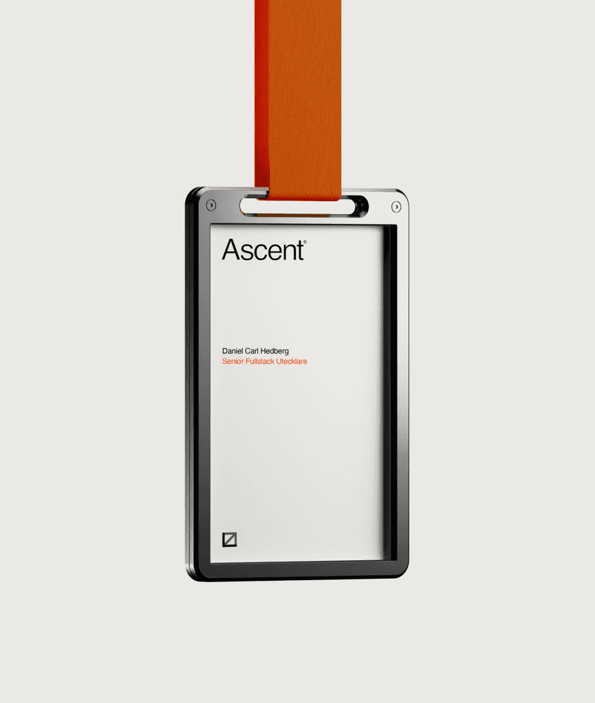 ascent name tag in metal with orange band