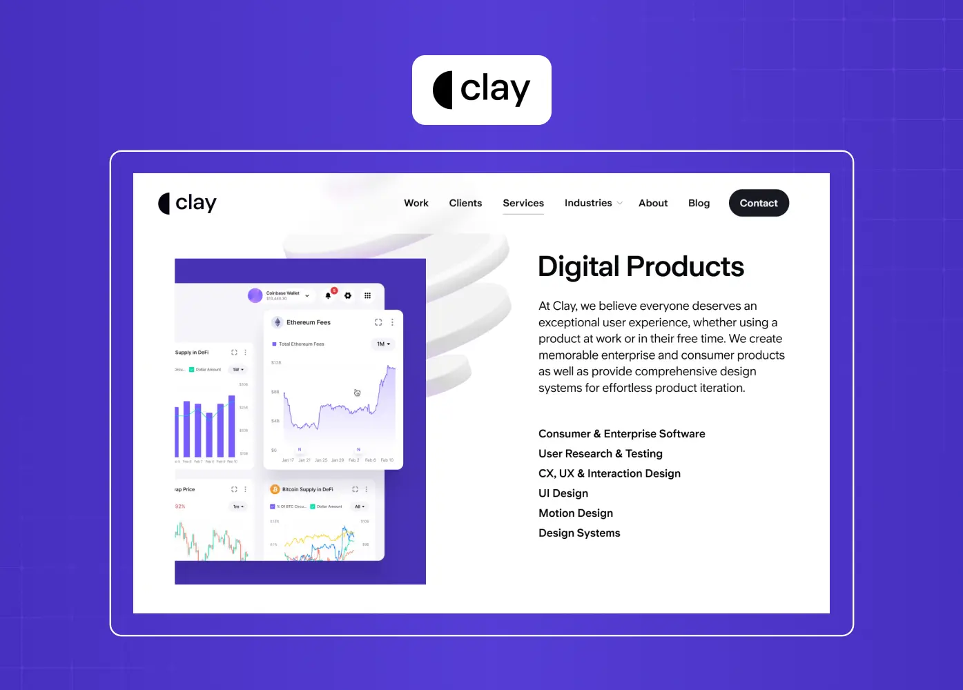 Agency website highlighting digital product design services with data-rich UI examples and a structured, content-first layout. 