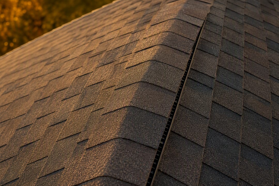 Close-up of ridge vent under roof shingles