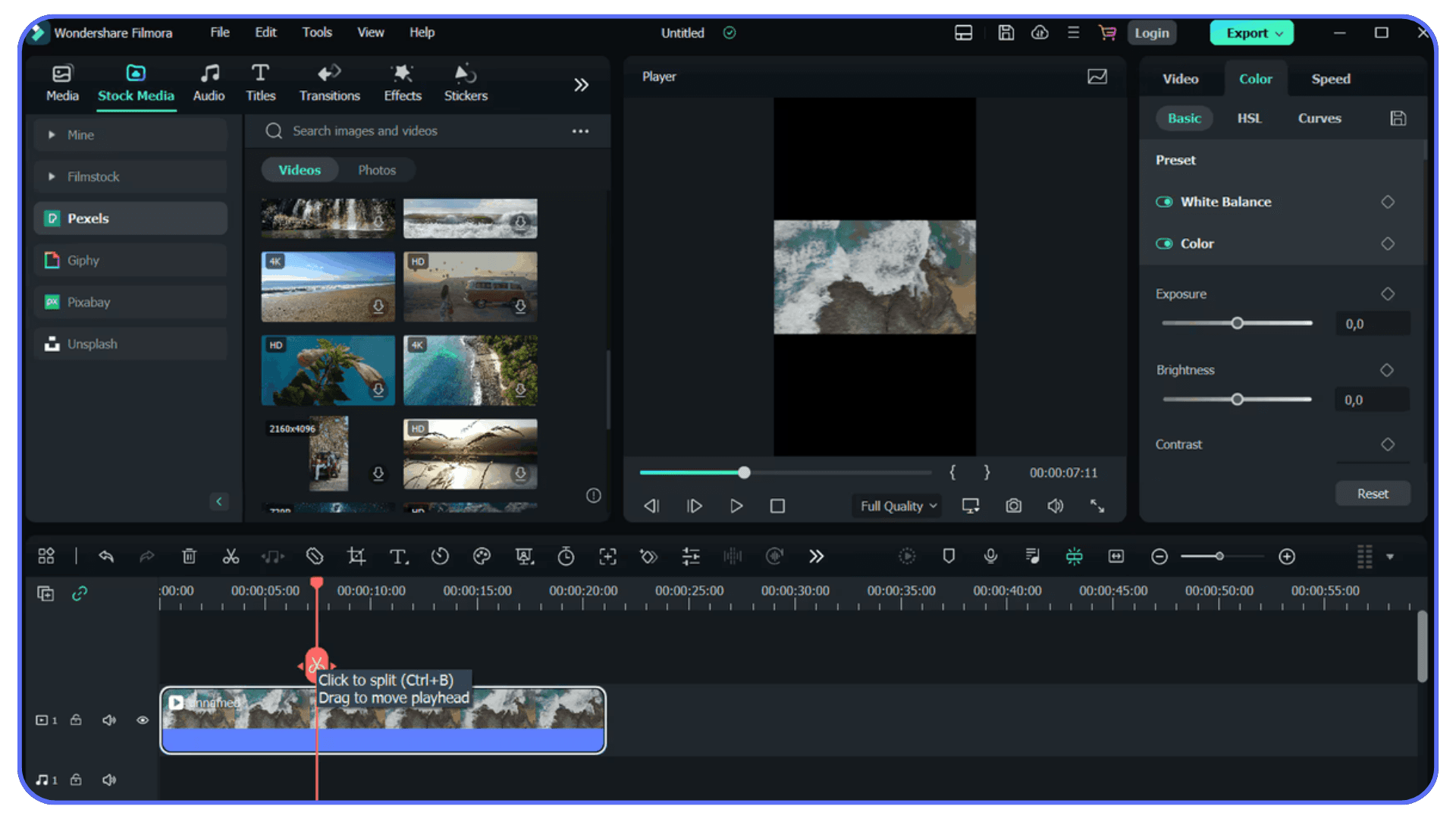 Filmora video editor displaying a vertical-format clip, media library on the left, editing tools on the right, and a timeline with split markers.