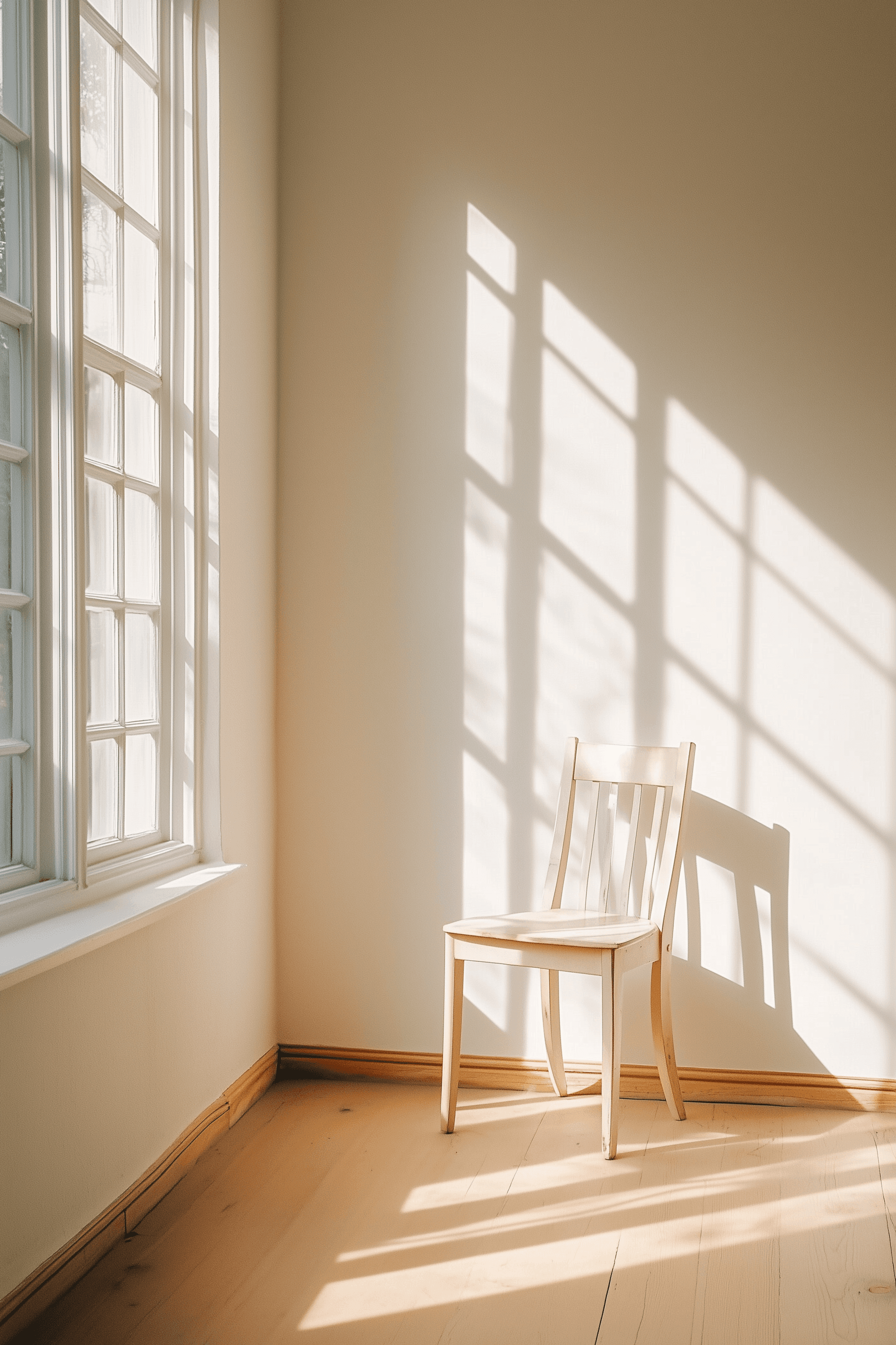 A lone wooden chair placed in the corner of a sunlit room, with shadows of window panes cast on the floor.