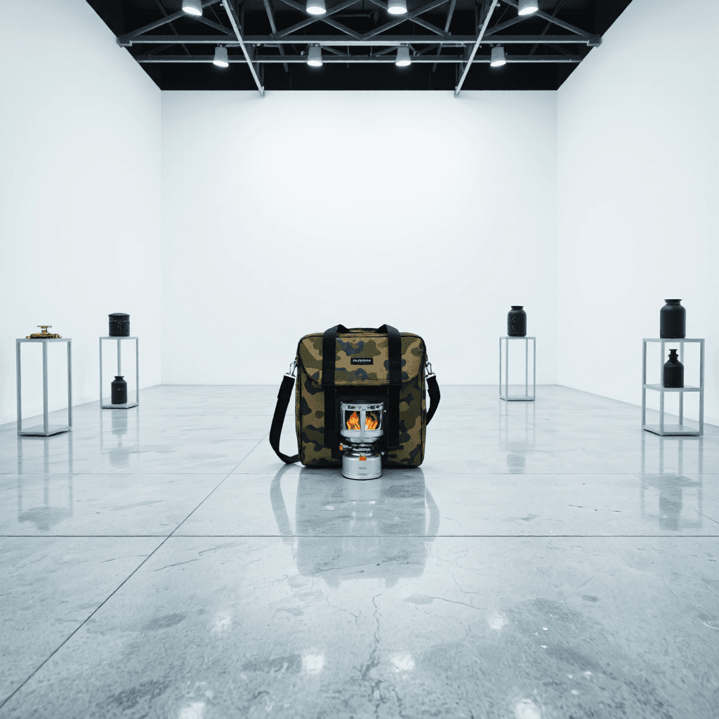 product photography of a camping stove kit with a camouflage carrying bag