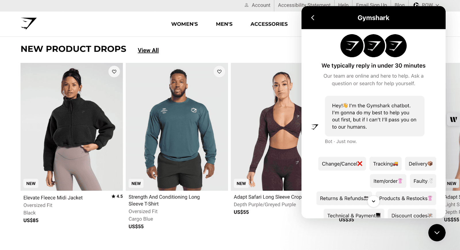 Gymshark website with an ai chatbot window