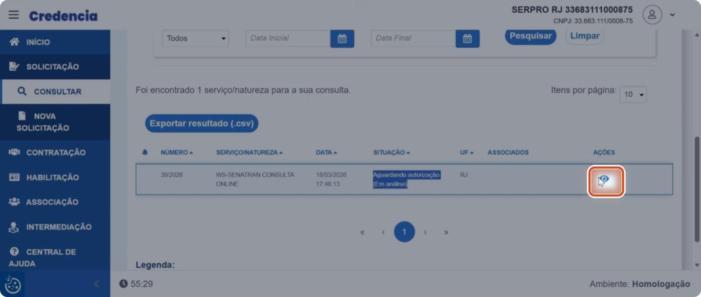 Captura de tela de referência do Credencia para Passo 2 — Abrir os detalhes da solicitação. Contexto: 35 — Como acompanhar sua solicitação no Credencia.