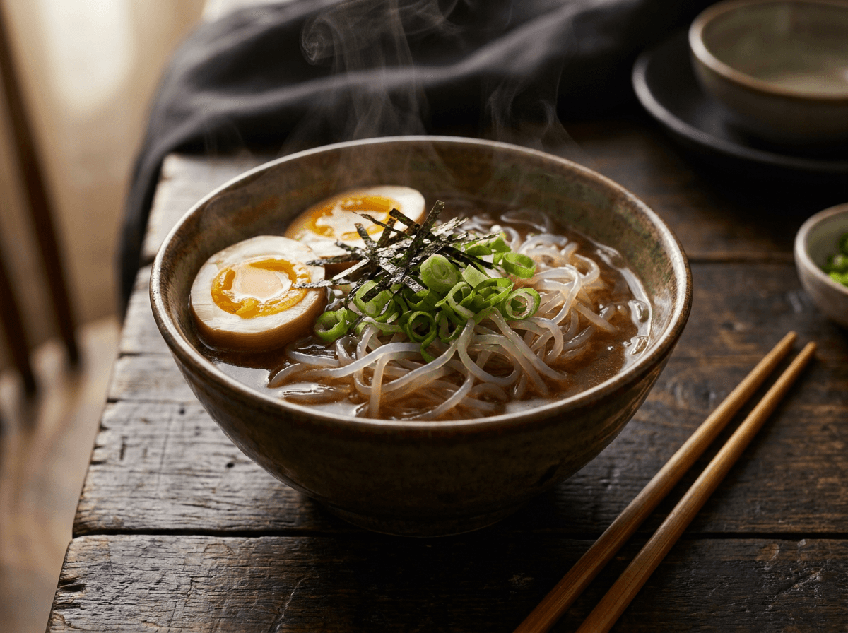 Shirataki noodles in miso broth with egg, a low carb pasta alternative