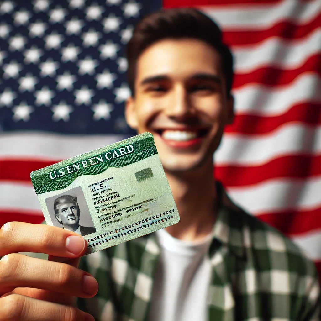 Person holding a U.S. Green Card with the American flag in the background, symbolizing legal permanent resident status.