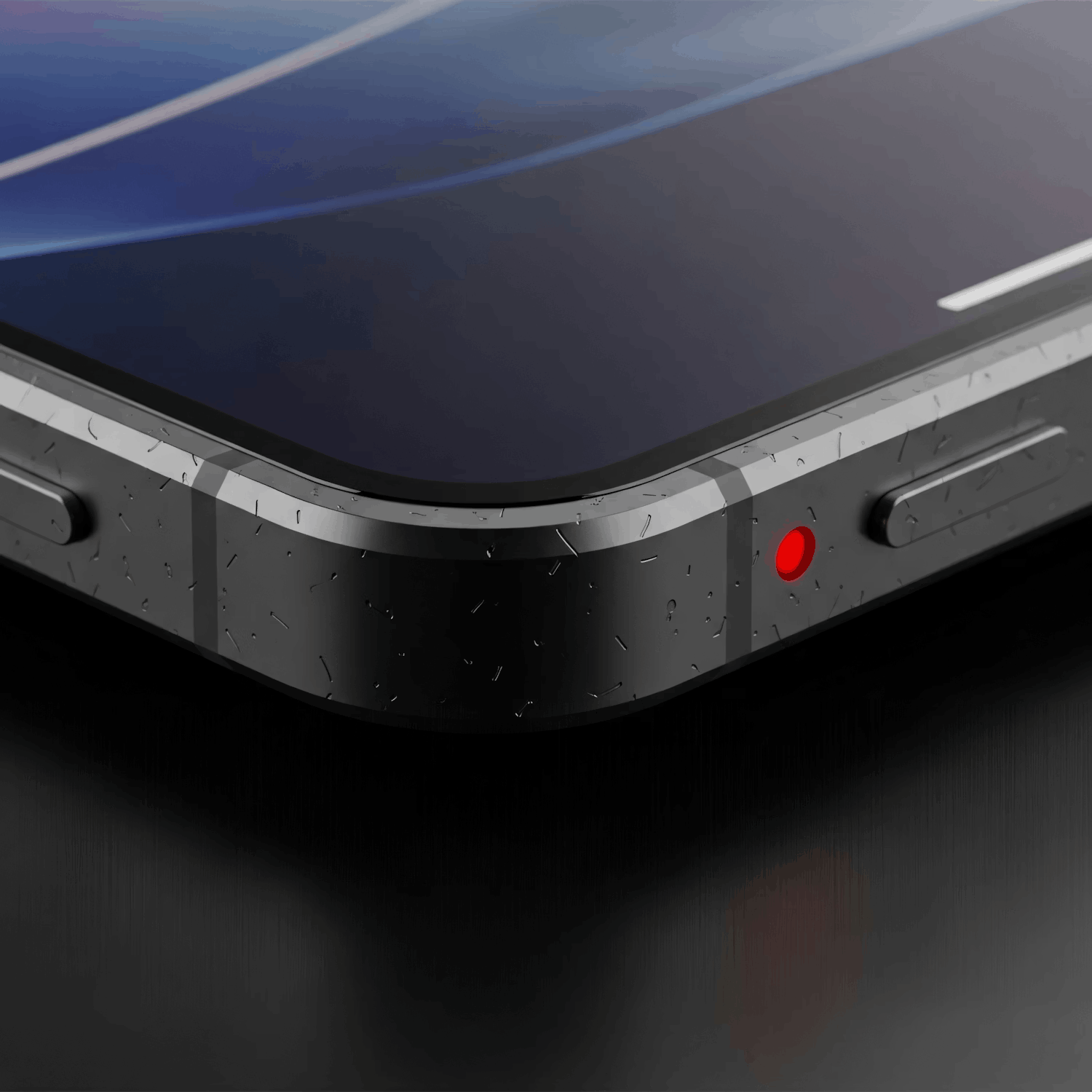 Close-up of a wet, rugged smartphone with a red indicator light.