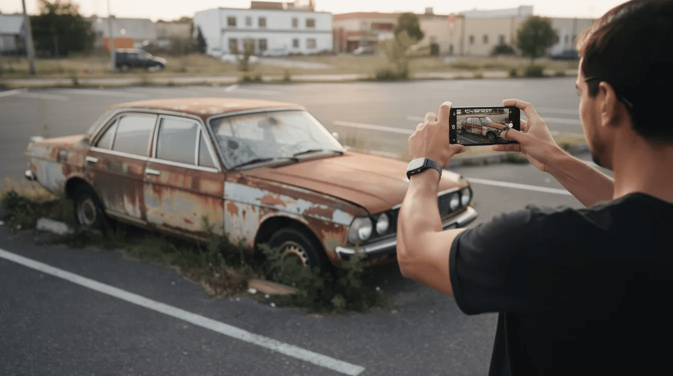 Une personne utilise un smartphone pour photographier une voiture abandonnée sur un terrain privé, où le véhicule est considéré comme une épave. Cette situation soulève des problématiques liées à la réglementation sur les véhicules hors d'usage et les nuisances environnementales.
