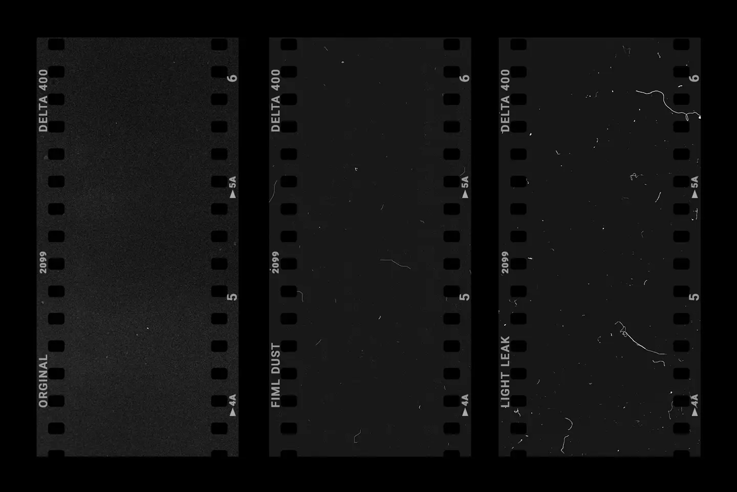 Positive and negative film dust textures showing inverted vintage film grain