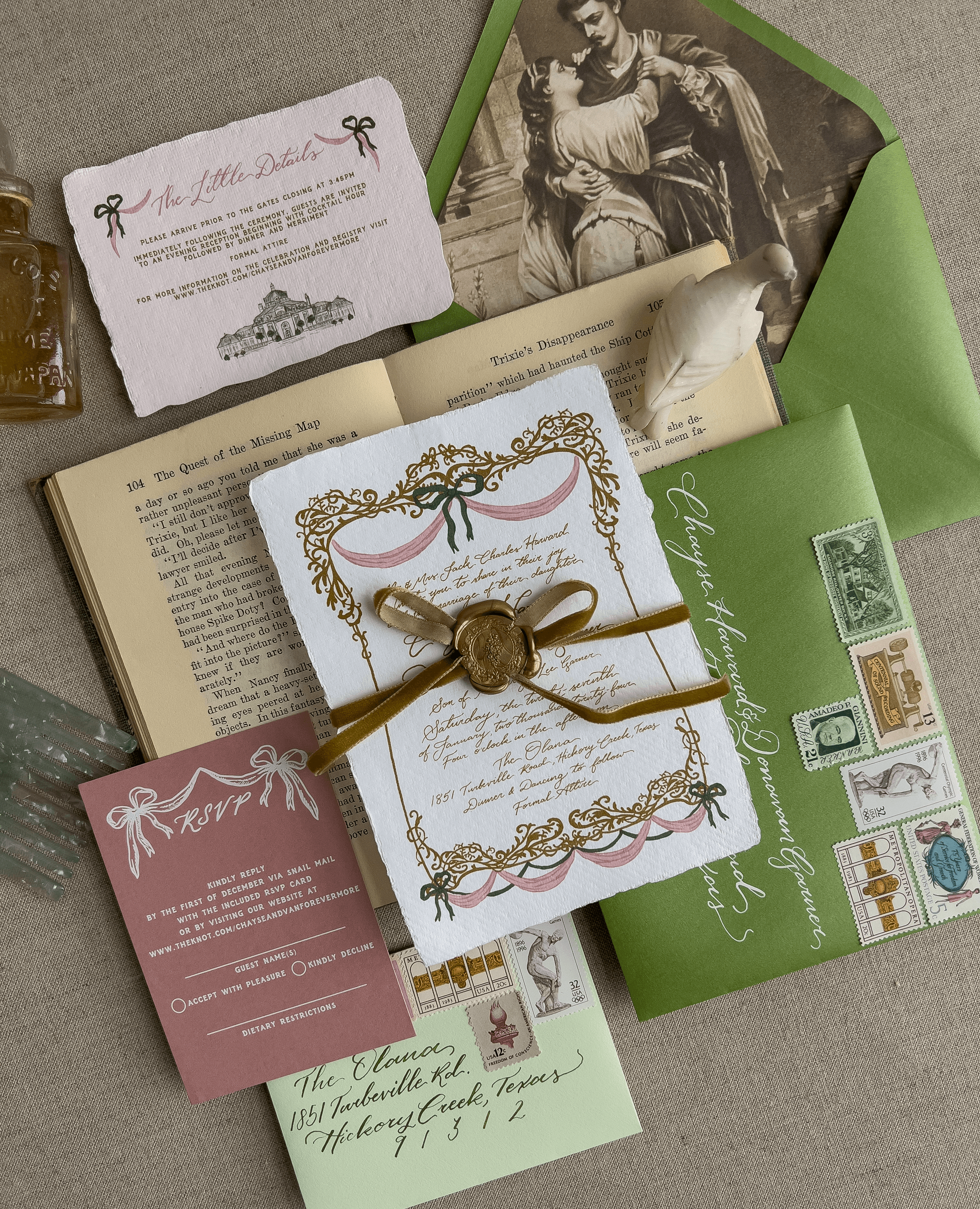 Romantic, book and Gucci inspired wedding invitations.