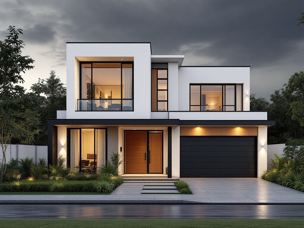 Modern two-story house with a black garage door and large windows