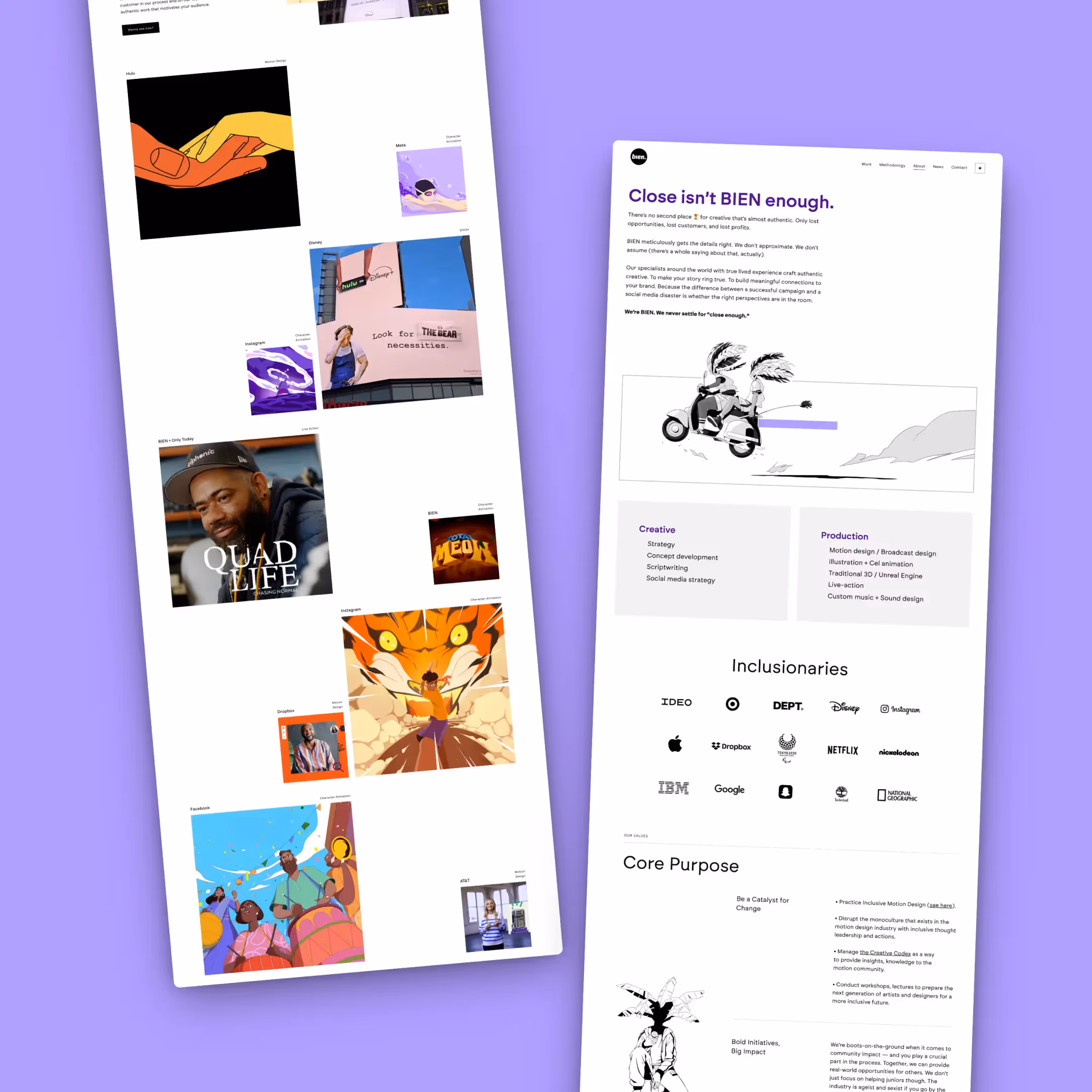 BIEN website section with editorial photography from the completed creative project