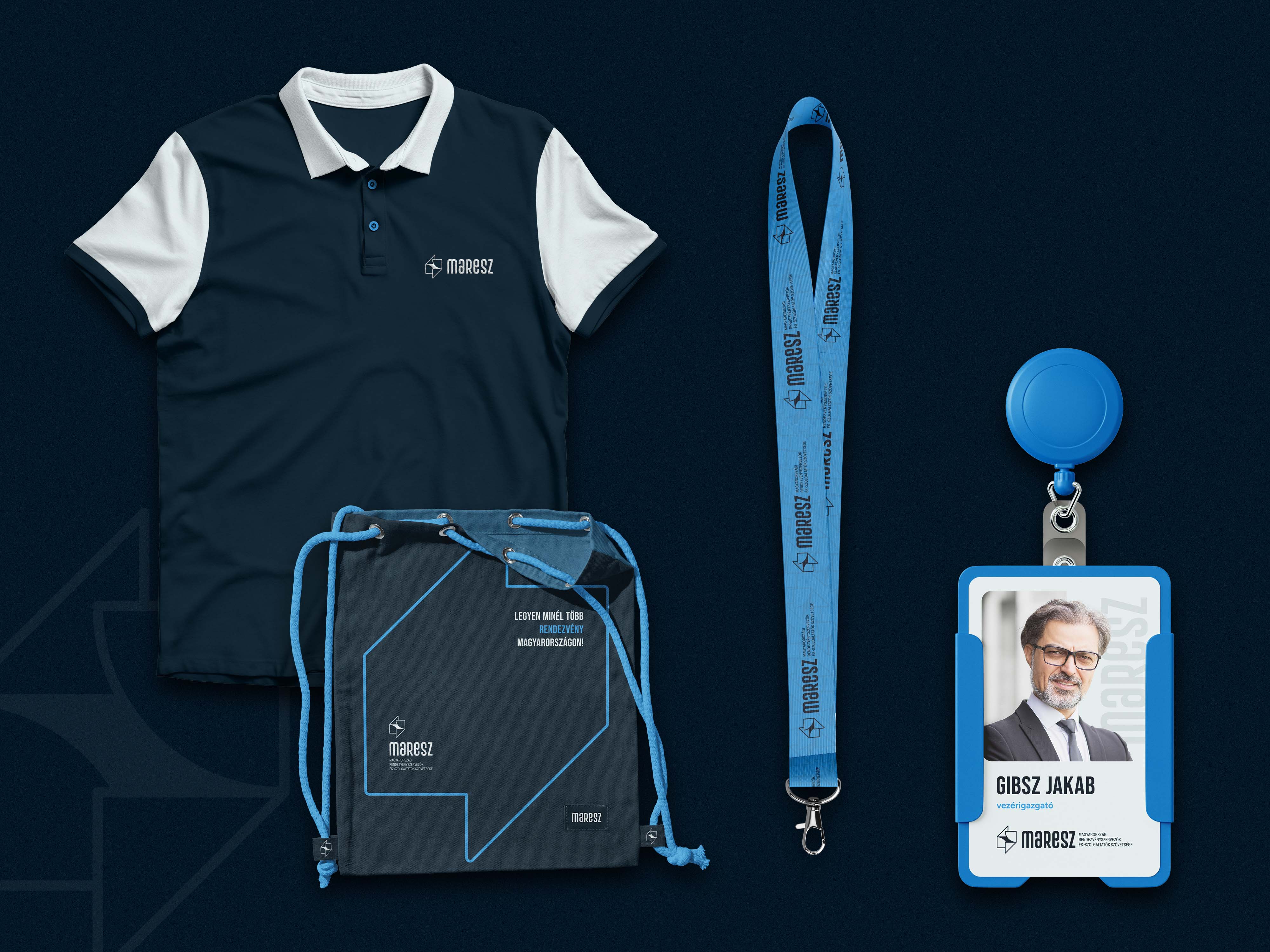 Branded polo shirt, drawstring bag, lanyard and ID badge in blue color palette - MaReSz, an event association brand identity.