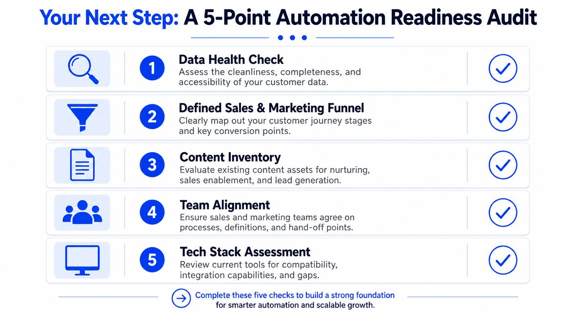 A 5-point automation readiness audit infographic outlining key steps for building a foundation for scalable business growth.