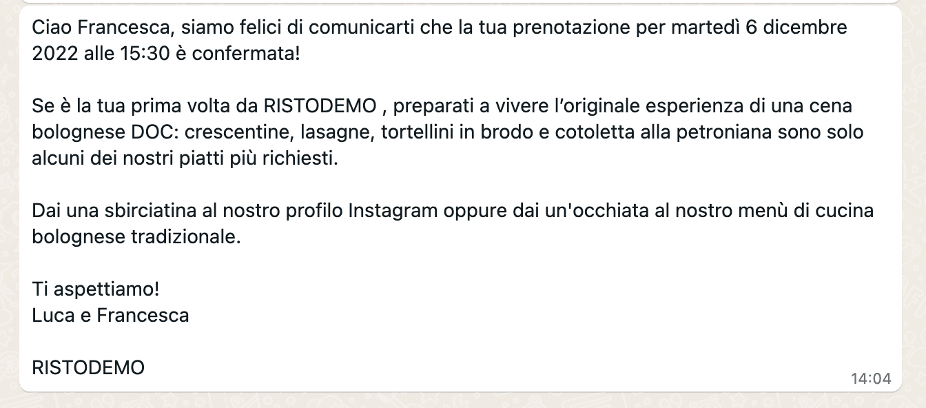 Esempio WhatsApp conferma prenotazione