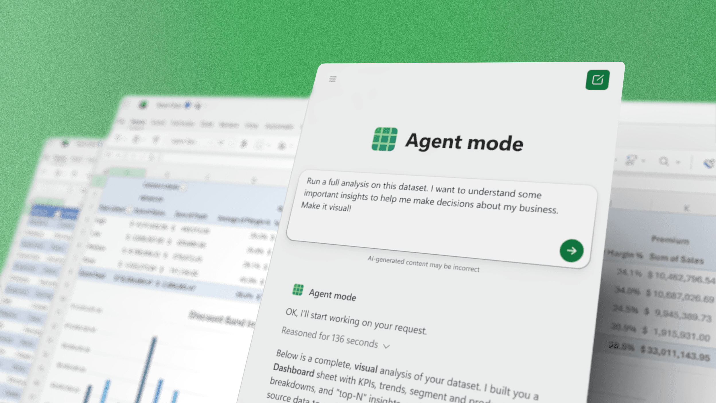 AI Agent mode analysing spreadsheet data - Best AI Agents for Excel