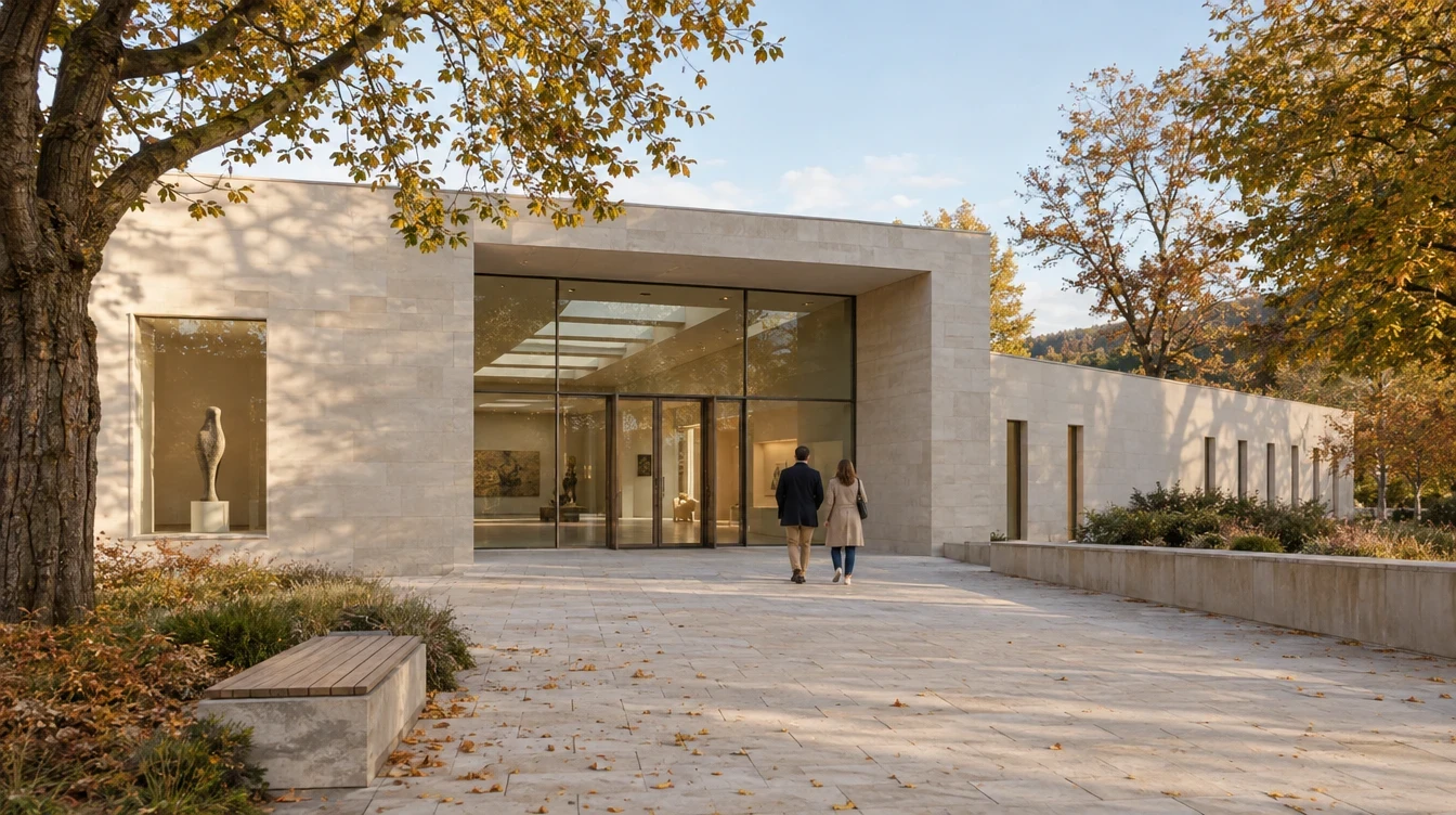 Eingang eines modernen Museums im Herbst