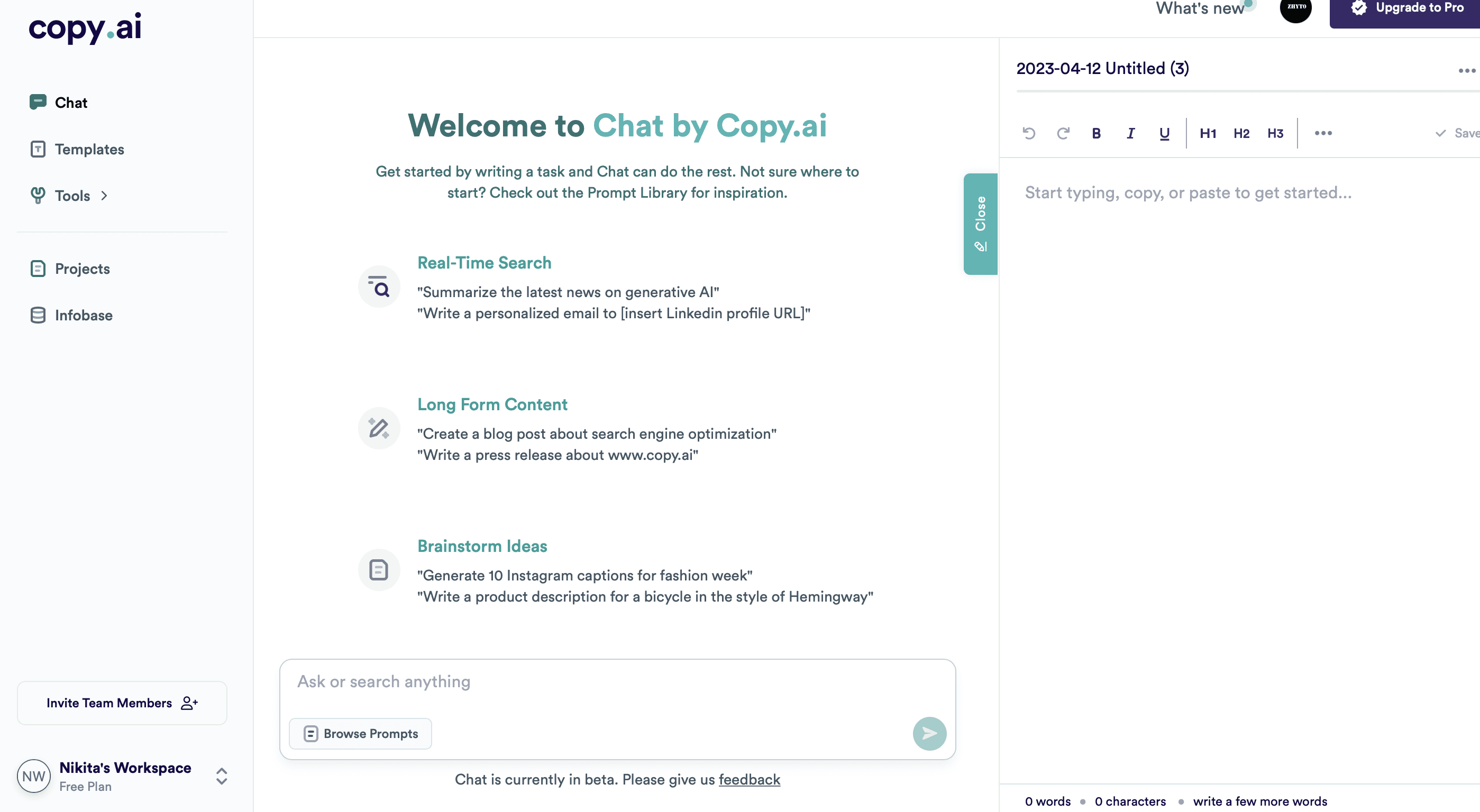 Copy.ai chat interface and AI copywriter