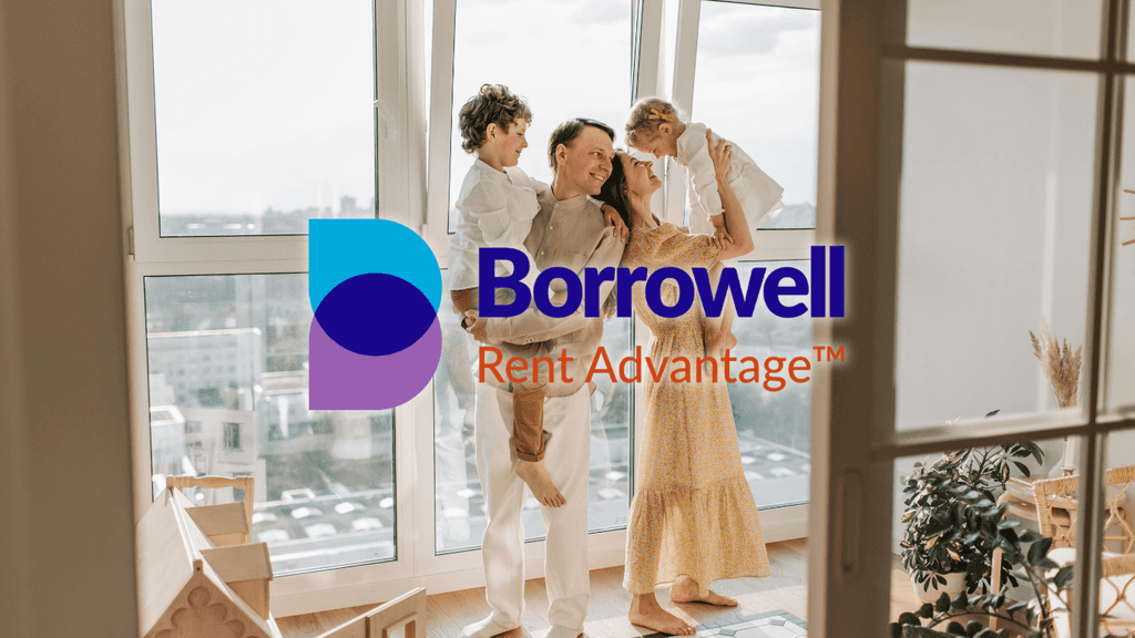 Borrowell Rent Advantage logo overlaid on a happy family standing by a bright apartment window, illustrating rent reporting tools for newcomers building credit in Canada.