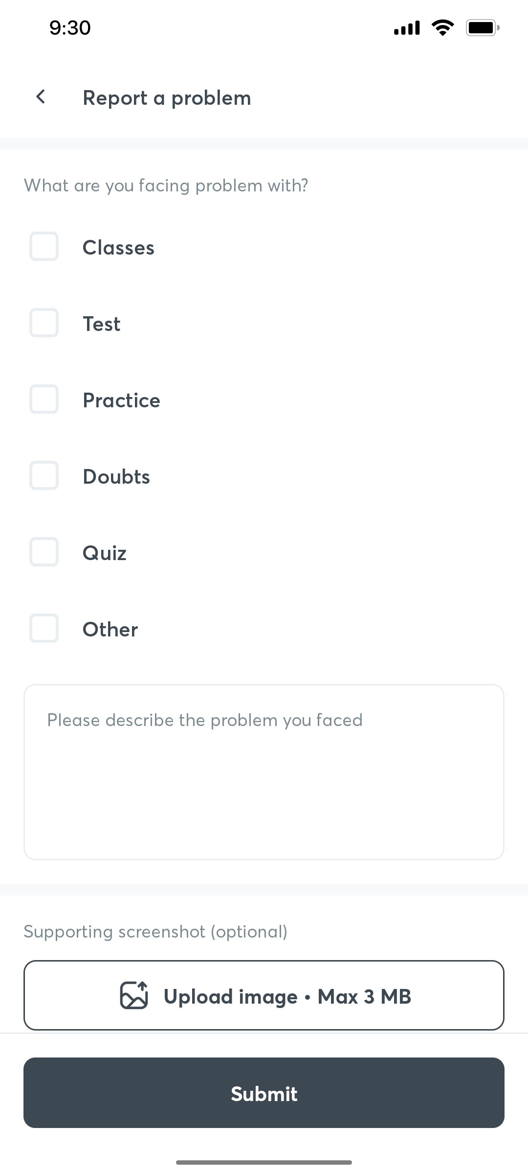 Unacademy Report a Problem Screen