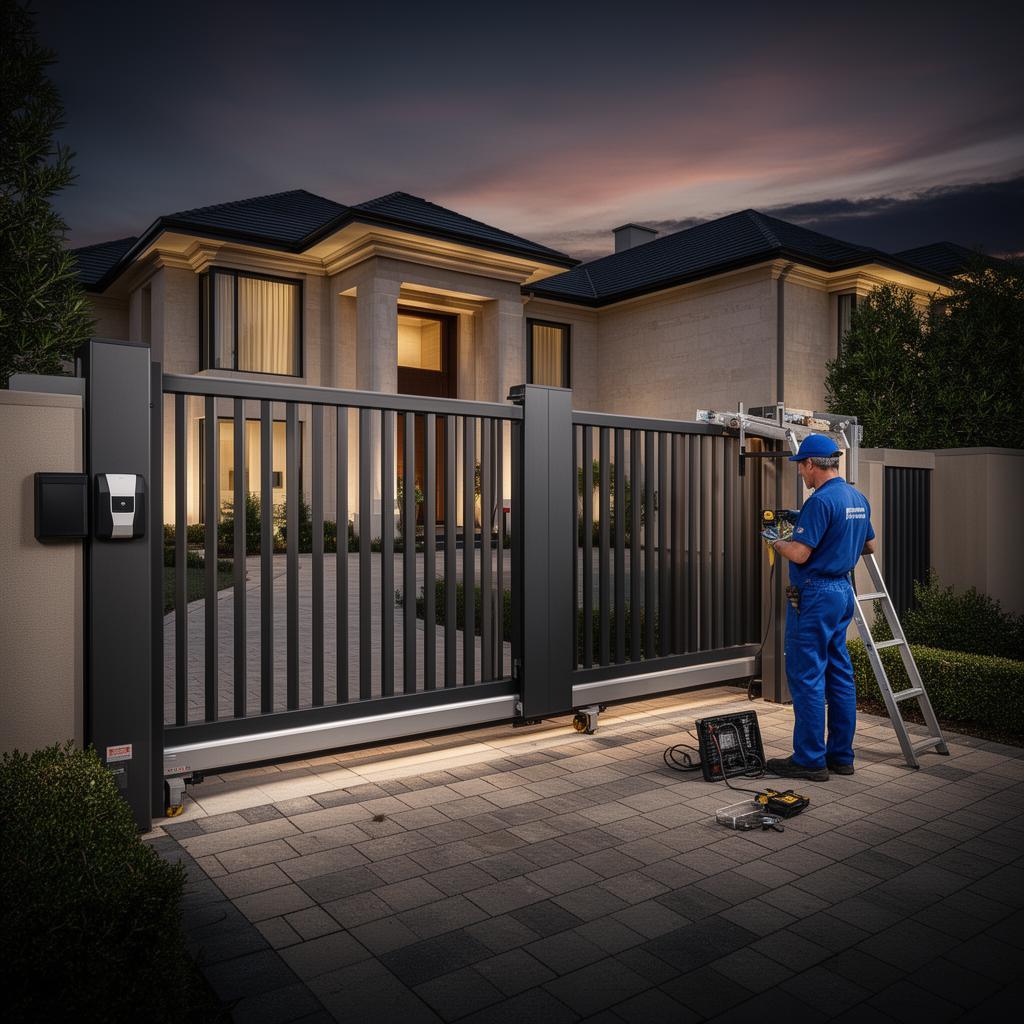Technician servicing a luxury automatic driveway gate at dusk