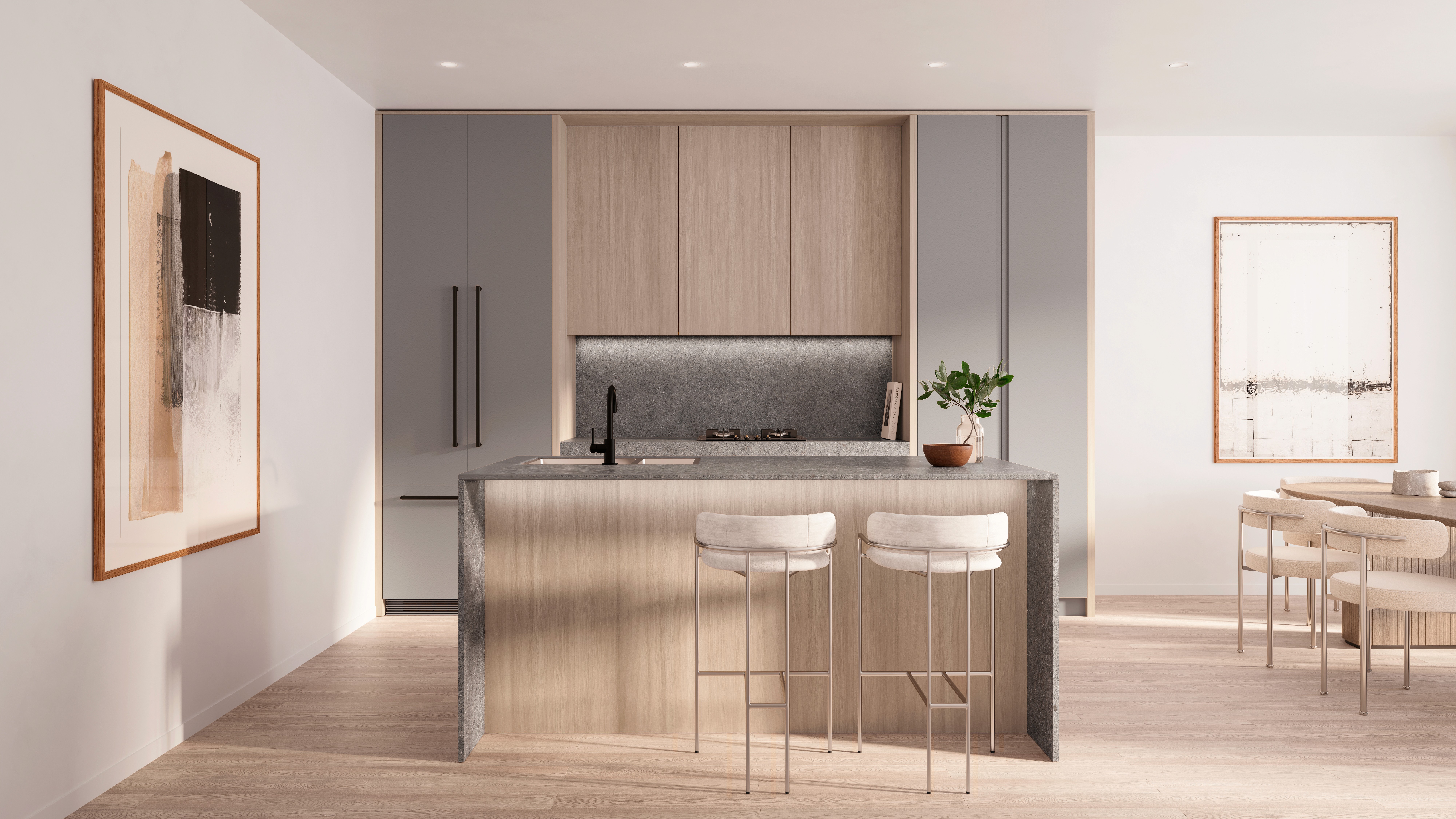 Modern kitchen with stone benchtop and timber cabinetry in Blossom Carlingford off the plan Sydney homes.