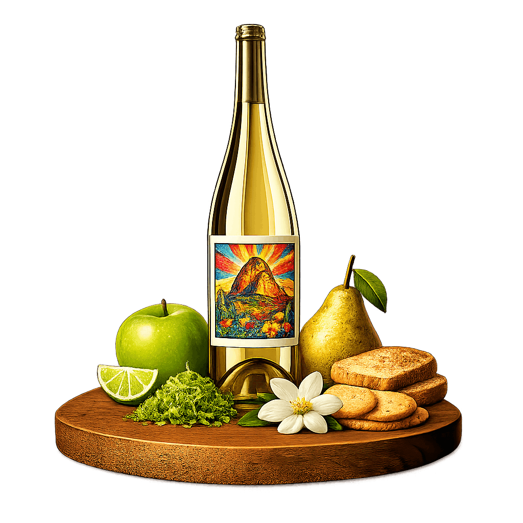 Artistic label and flavor profile for Querétaro Sparkling Wine on a rustic wooden table.