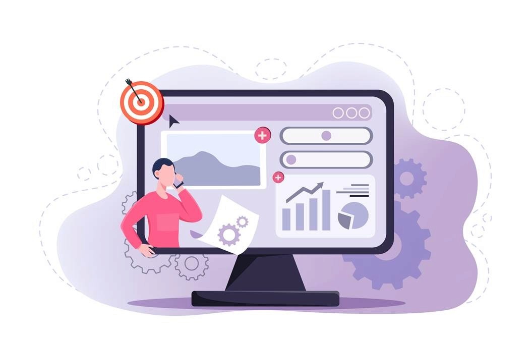 Illustration of a marketer reviewing campaign performance metrics on a dashboard with a target icon