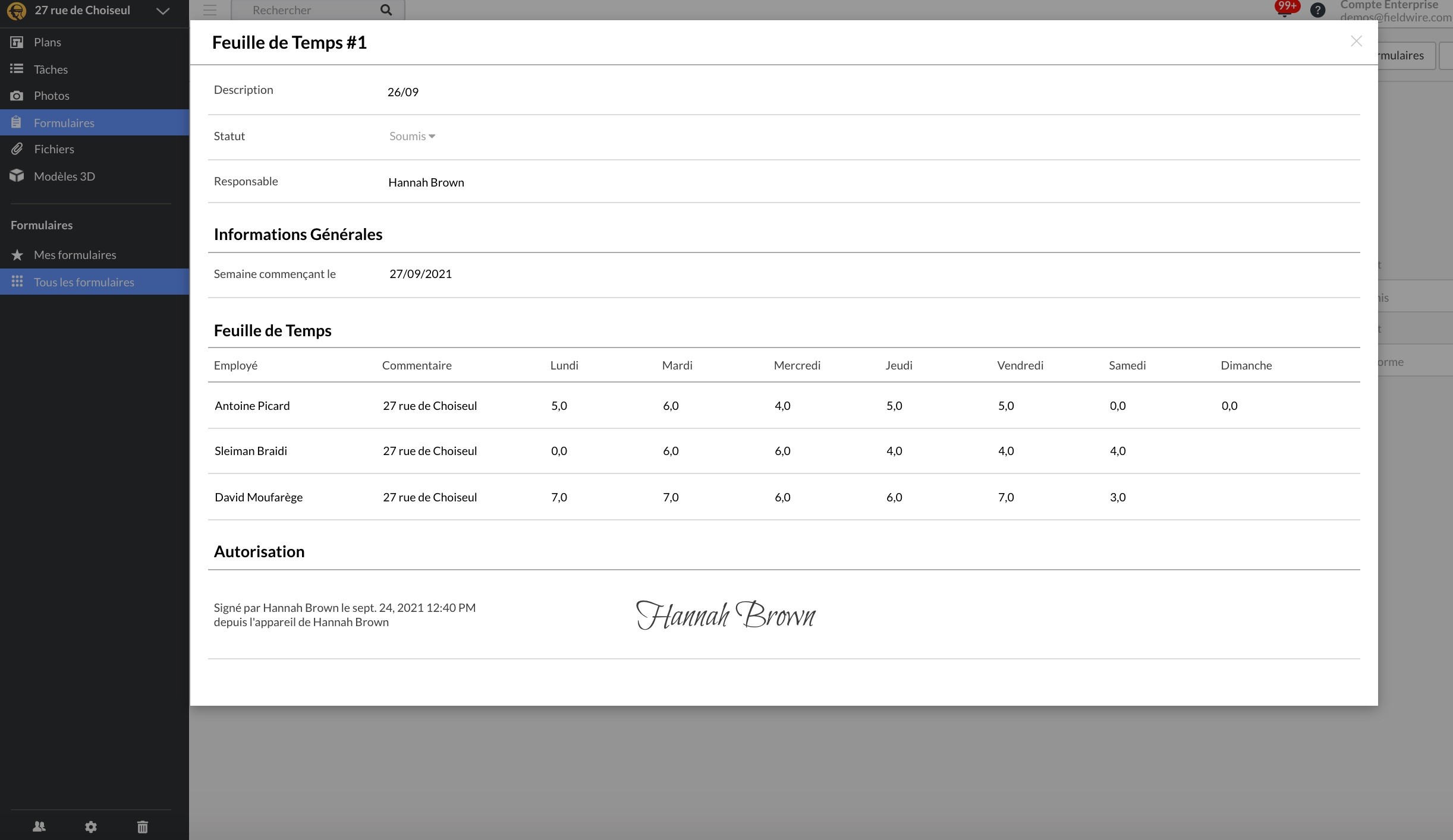 interface de la fonctionnalité de suivi des heures de chantier du logicel Fiedlwire