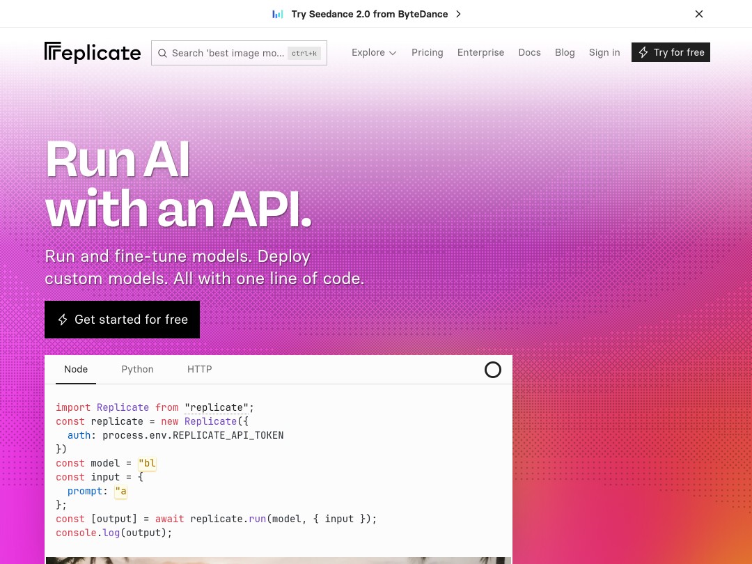 Gradient pink background with text about running AI using an API, and code snippet.