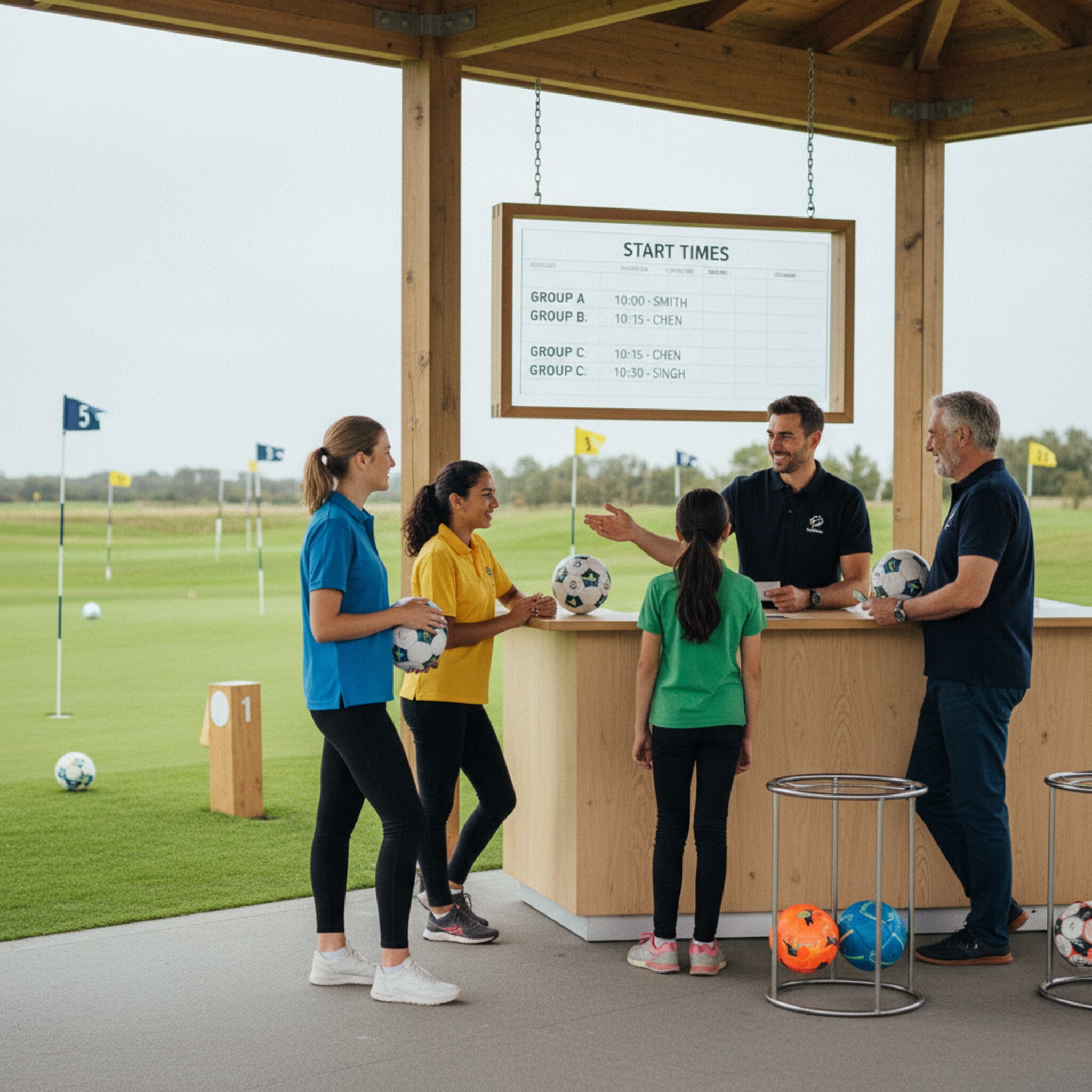 Am Startbereich helfen zwei Mitarbeitende einer Gruppe beim Sortieren von Bällen und Scorecards. Eine Tafel zeigt die nächsten Startgruppen. Die Abläufe wirken eingespielt, freundlich und effizient, ohne Hektik oder Wartegefühl.